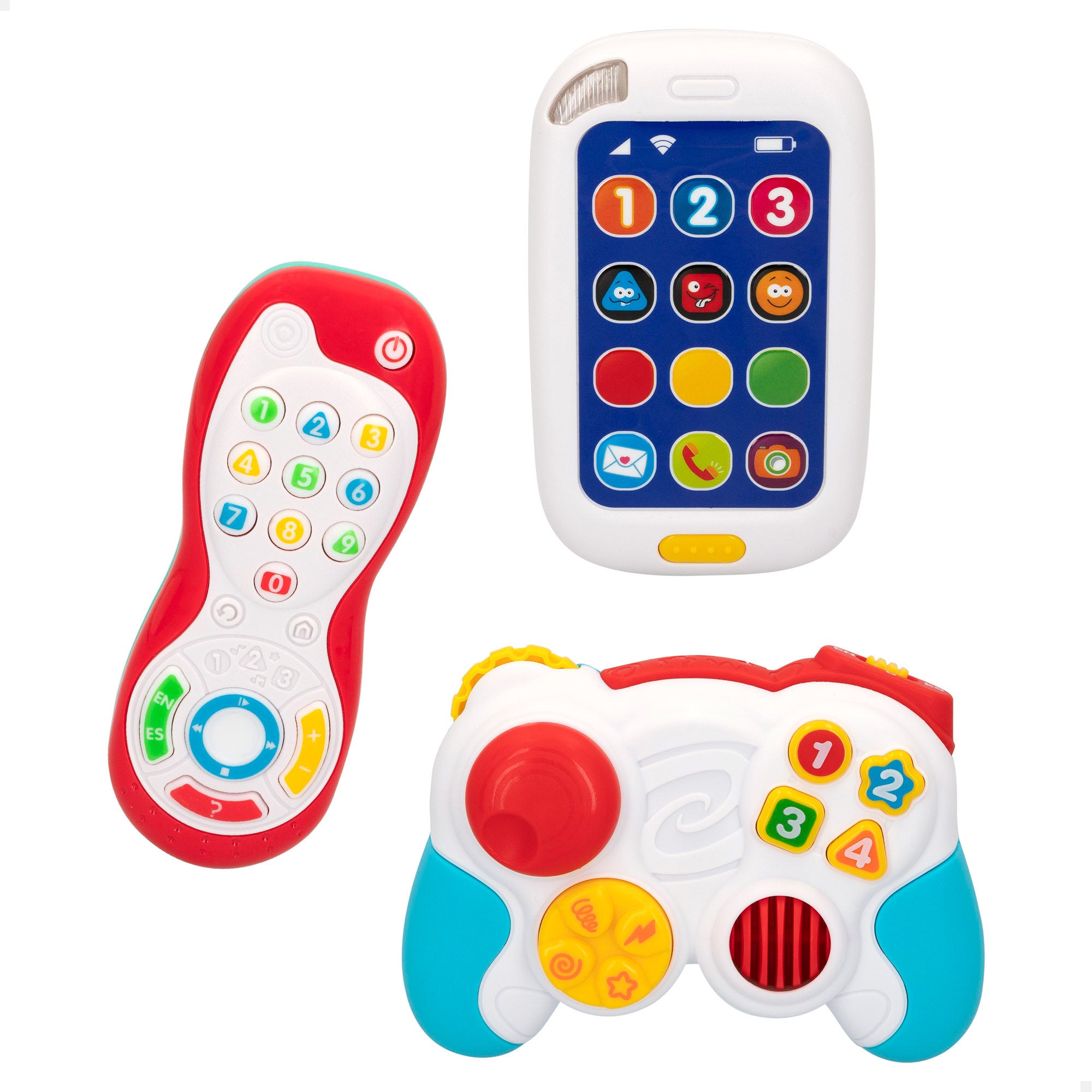 Conjunto de brinquedo PLAY com comando e telefone para bebé com luz e som.