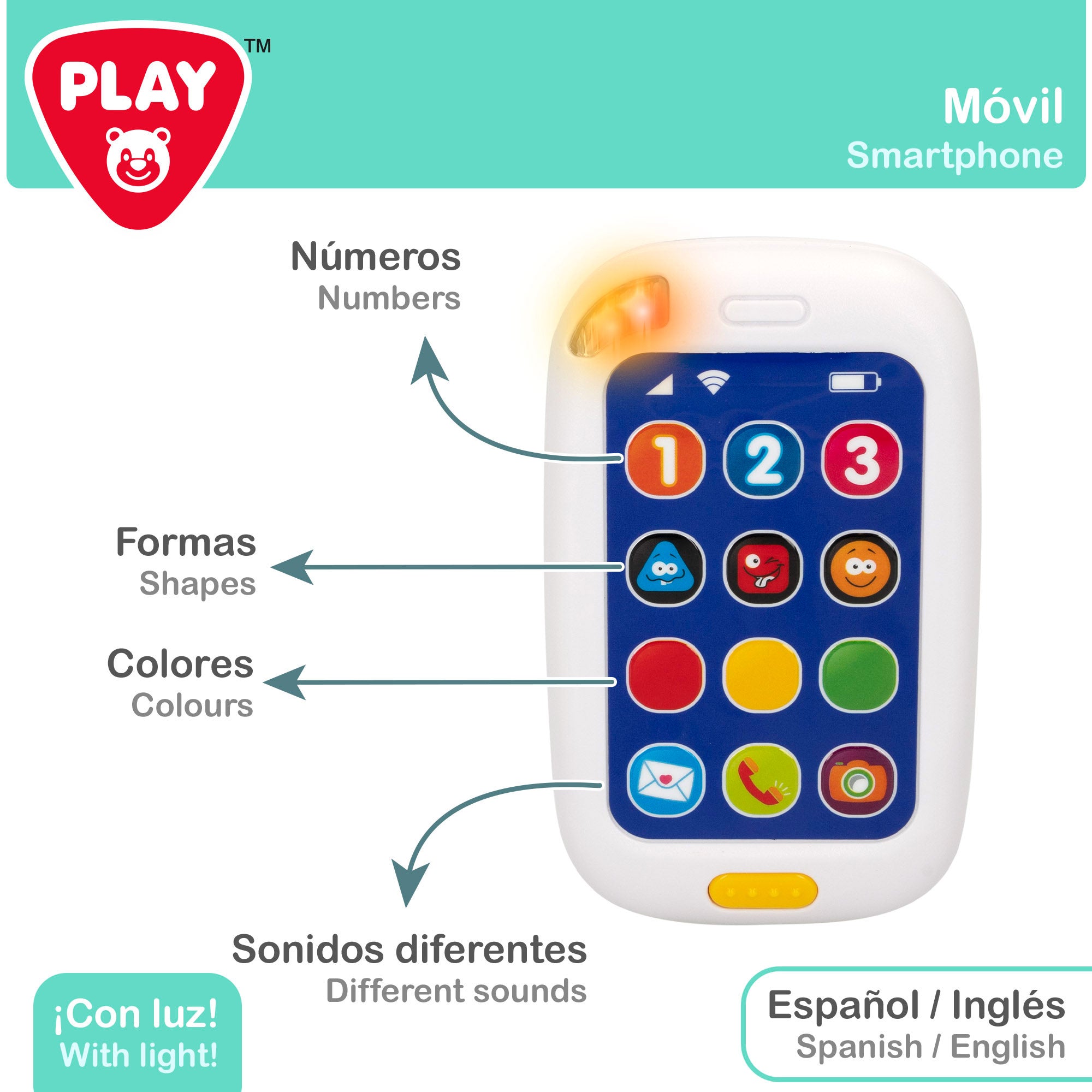 Conjunto de brinquedo PLAY com comando e telefone para bebé com luz e som.