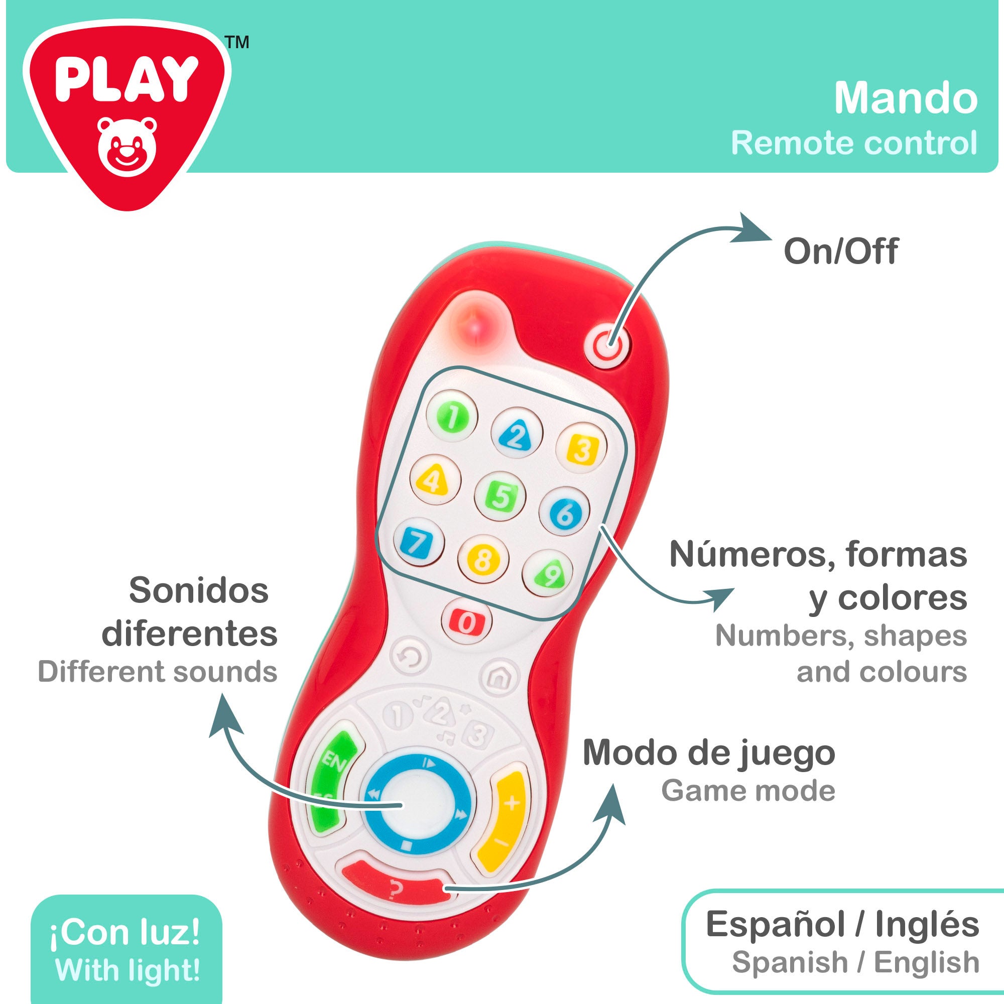 Conjunto de brinquedo PLAY com comando e telefone para bebé com luz e som.