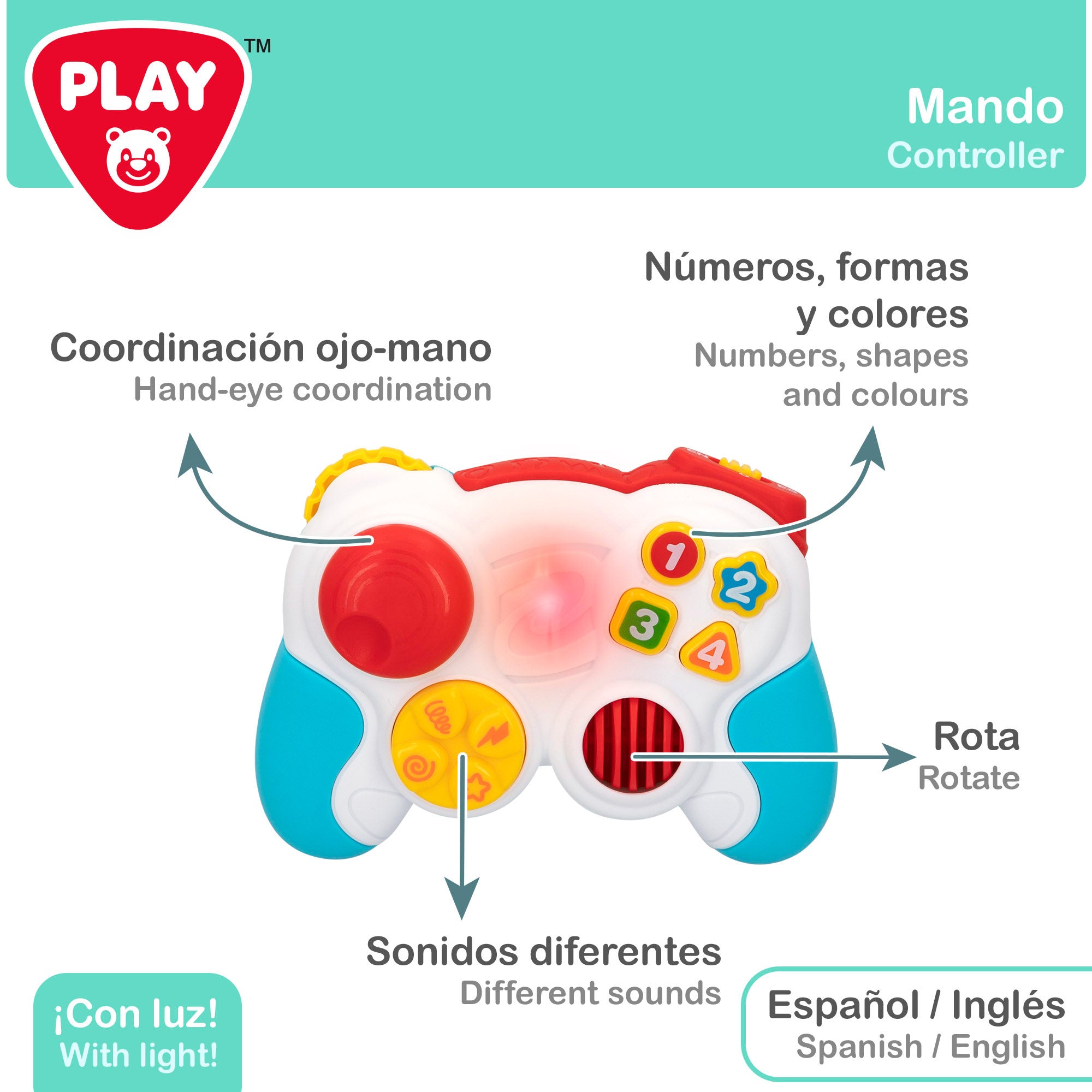 Conjunto de brinquedo PLAY com comando e telefone para bebé com luz e som.