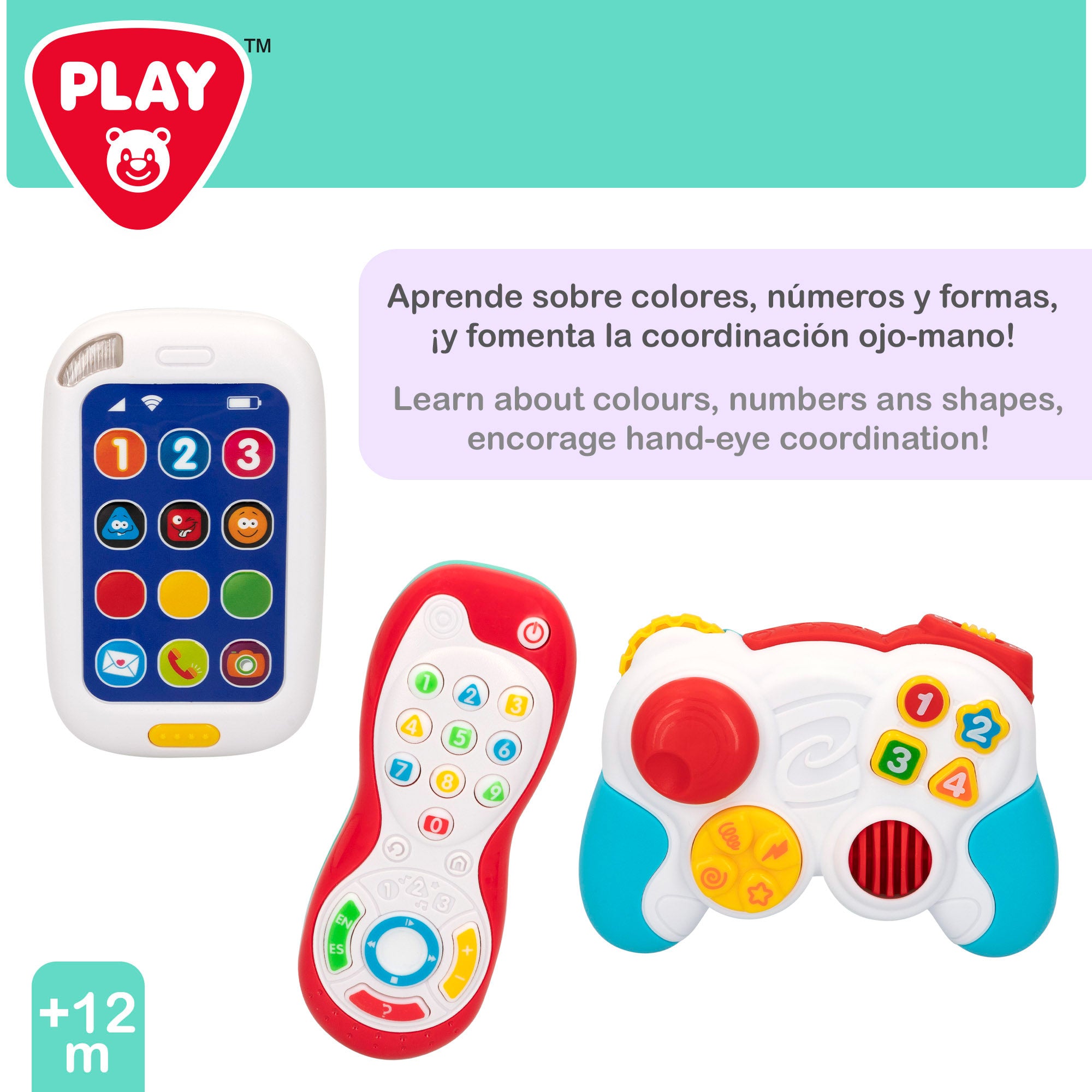 Conjunto de brinquedo PLAY com comando e telefone para bebé com luz e som.