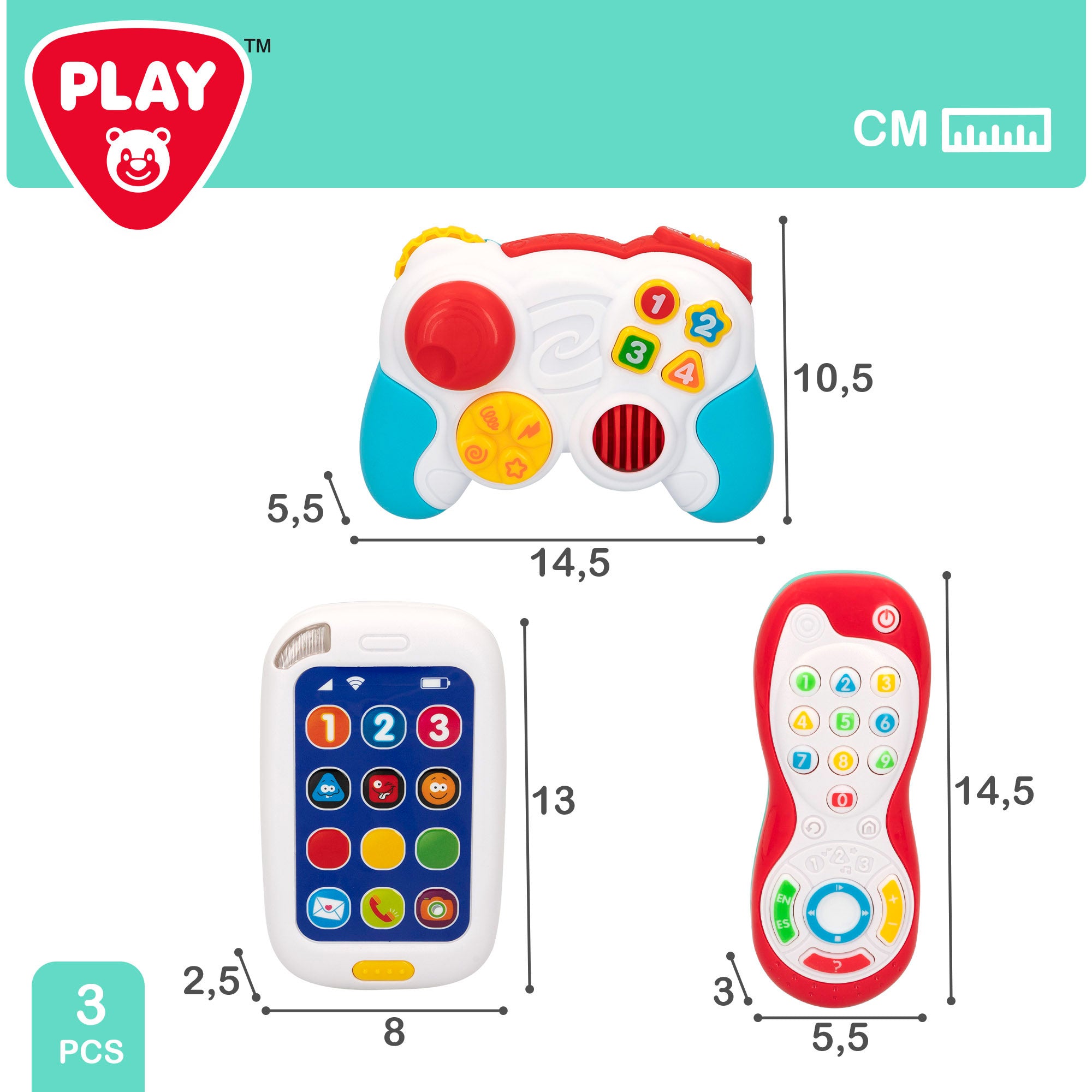 Conjunto de brinquedo PLAY com comando e telefone para bebé com luz e som.