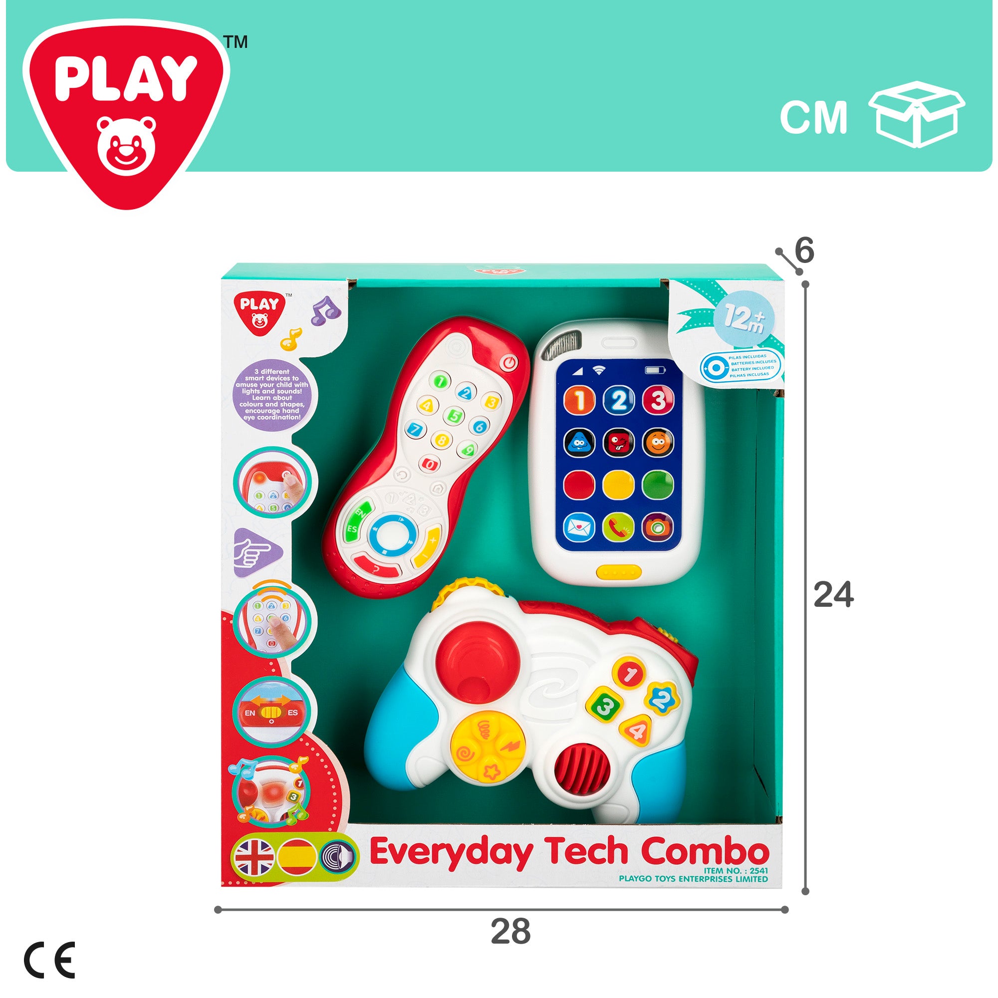 Conjunto de brinquedo PLAY com comando e telefone para bebé com luz e som.