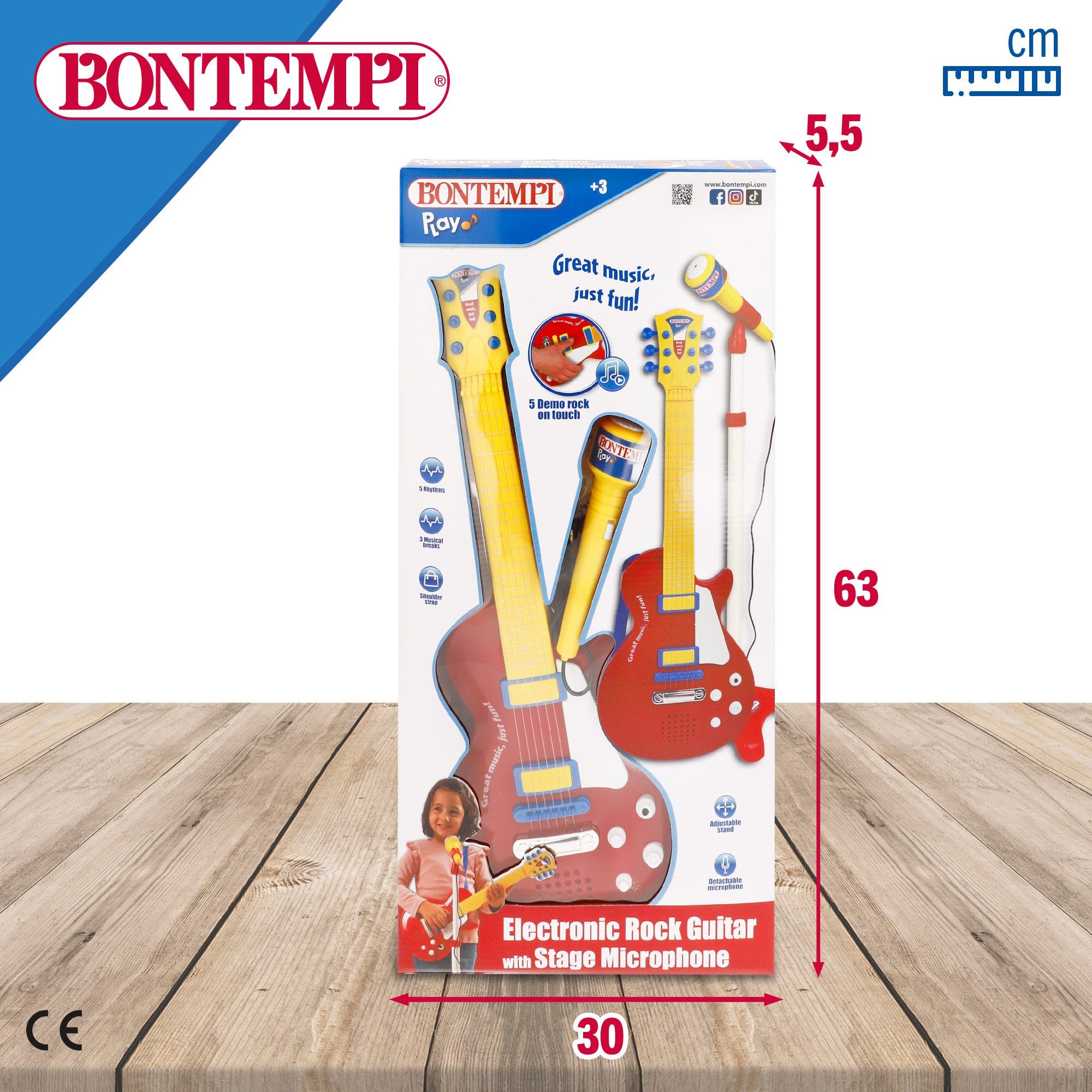 Guitarra elétrica de brinquedo de 55 cm com microfone de pedestal Bontempi