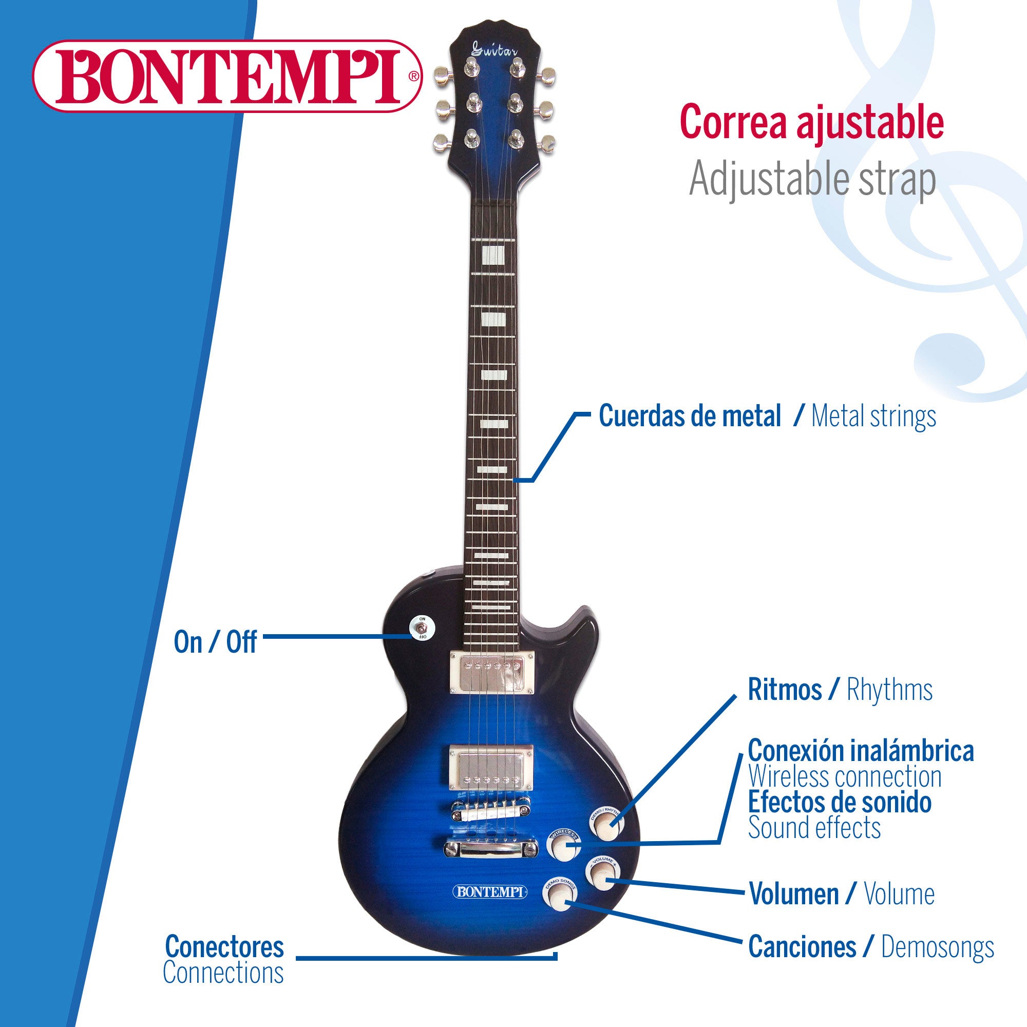 Guitarra elétrica de brinquedo Bontempi de 68,5 cm com microfone.