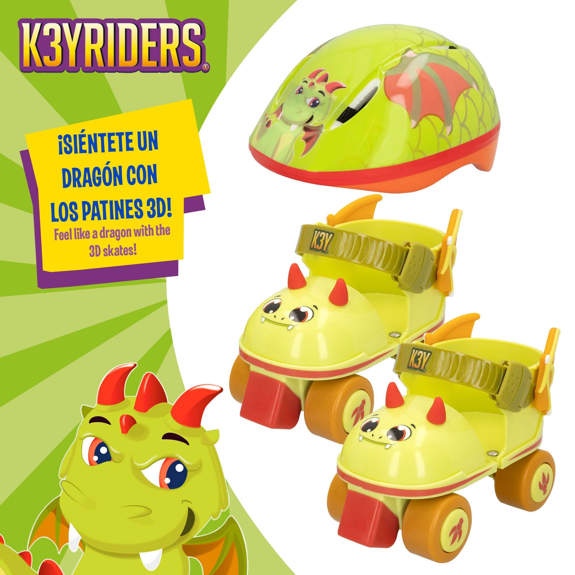 Kit de patins de 4 rodas e capacete K3YRIDERS Dragon, tamanhos 24 a 30