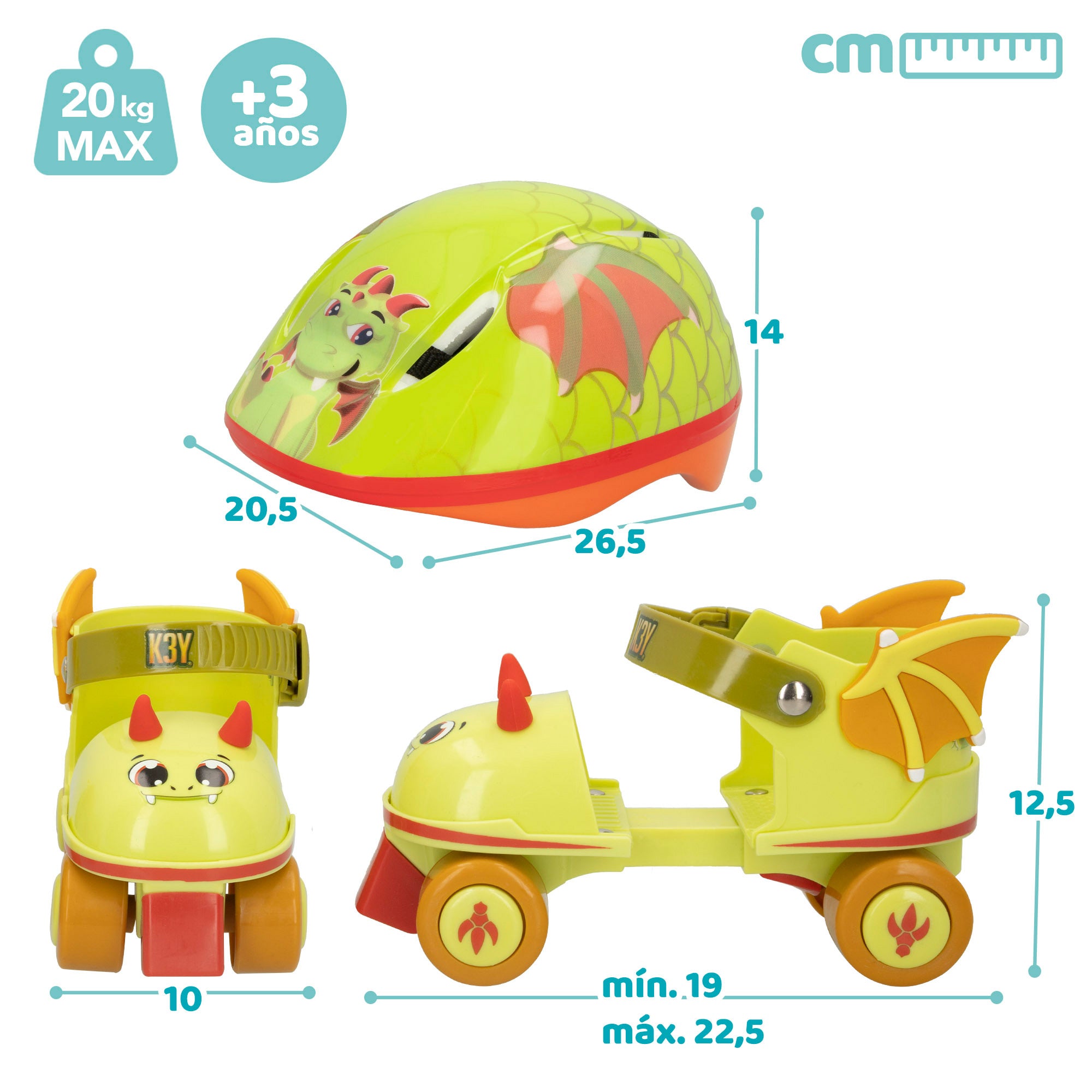 Kit de patins de 4 rodas e capacete K3YRIDERS Dragon, tamanhos 24 a 30