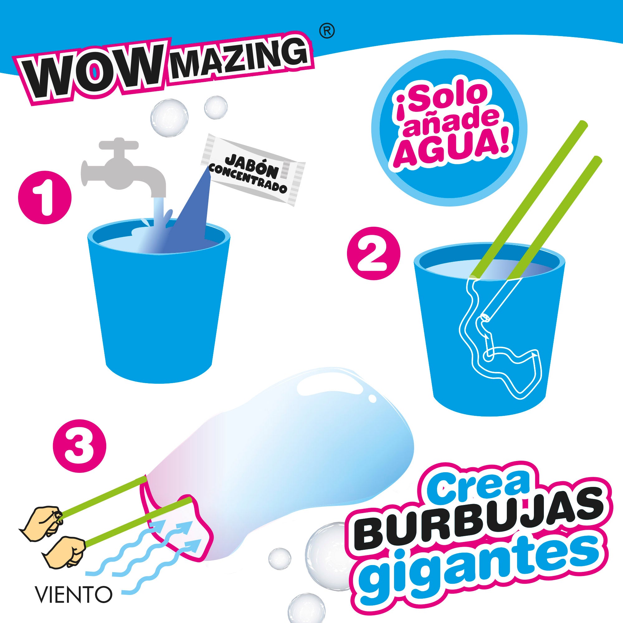 Kit de Bolhas de Sabão Gigantes WOWmazing com 2 saquetas de sabão concentrado