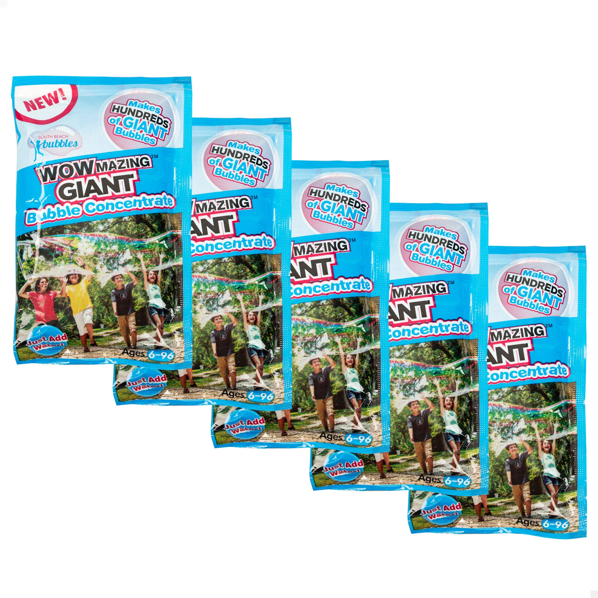 WOWmazing Pack com 5 saquetas de sabão concentrado para fazer bolhas.