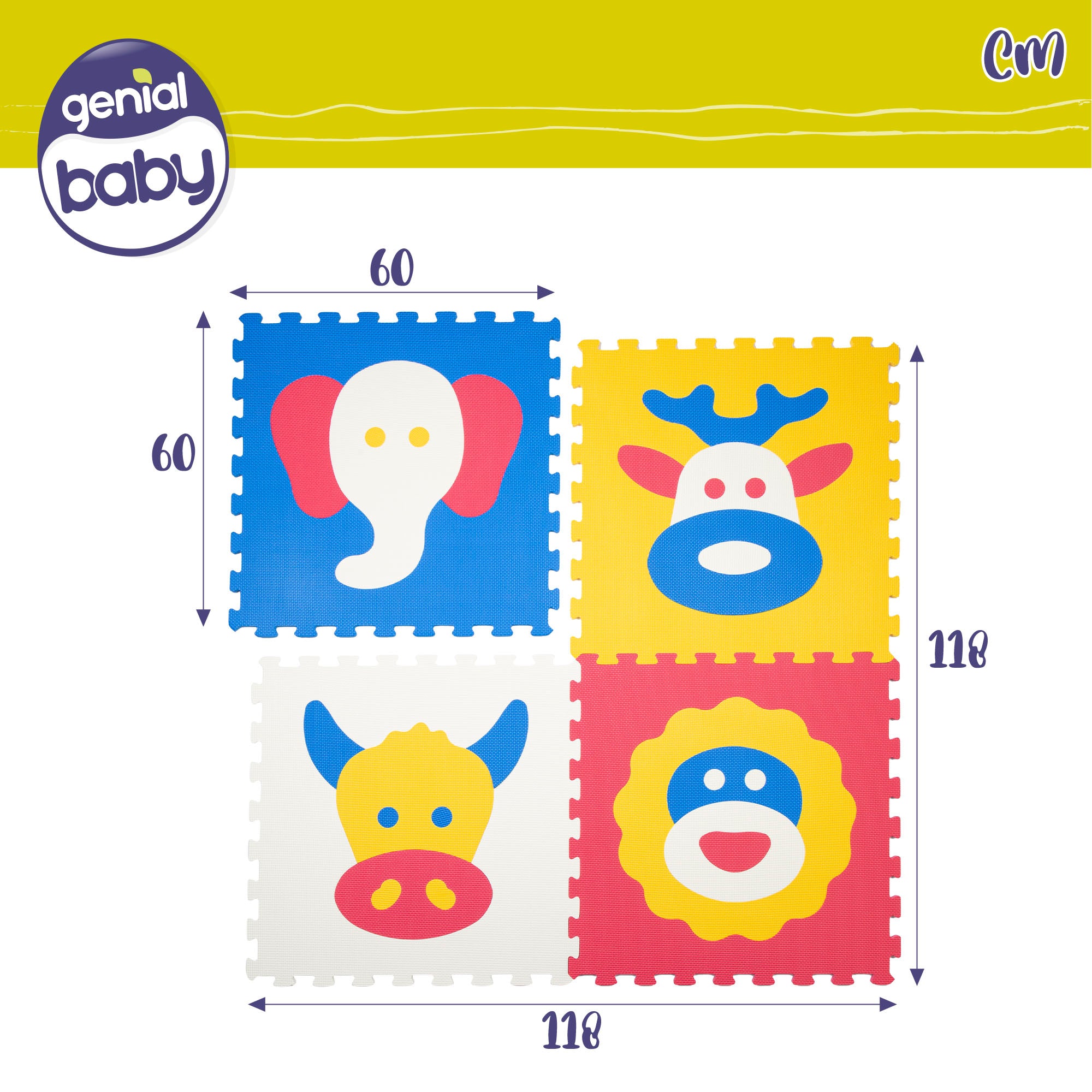 Tapete de puzzle com animais bebés, 4 peças, espuma de borracha, C'Baby