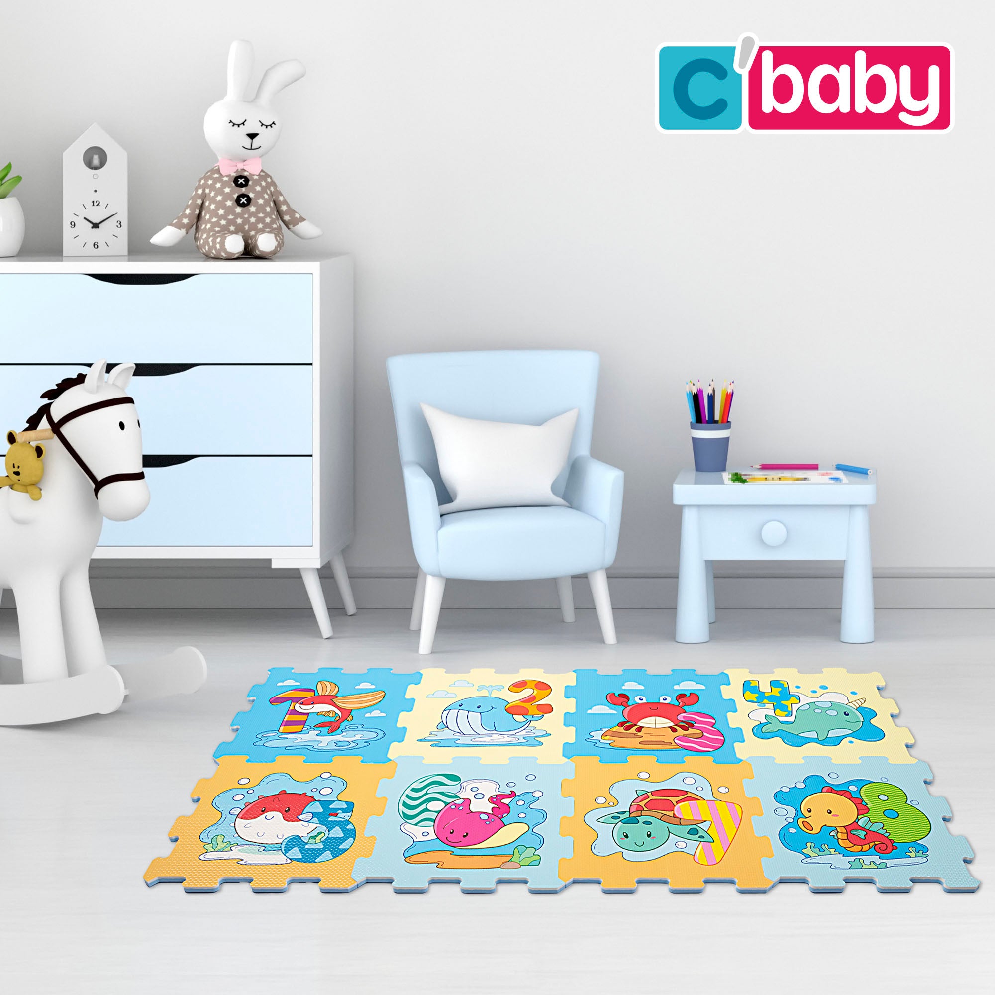 Tapete de puzzle para bebé com animais e números, 8 peças, espuma de borracha, C'Baby