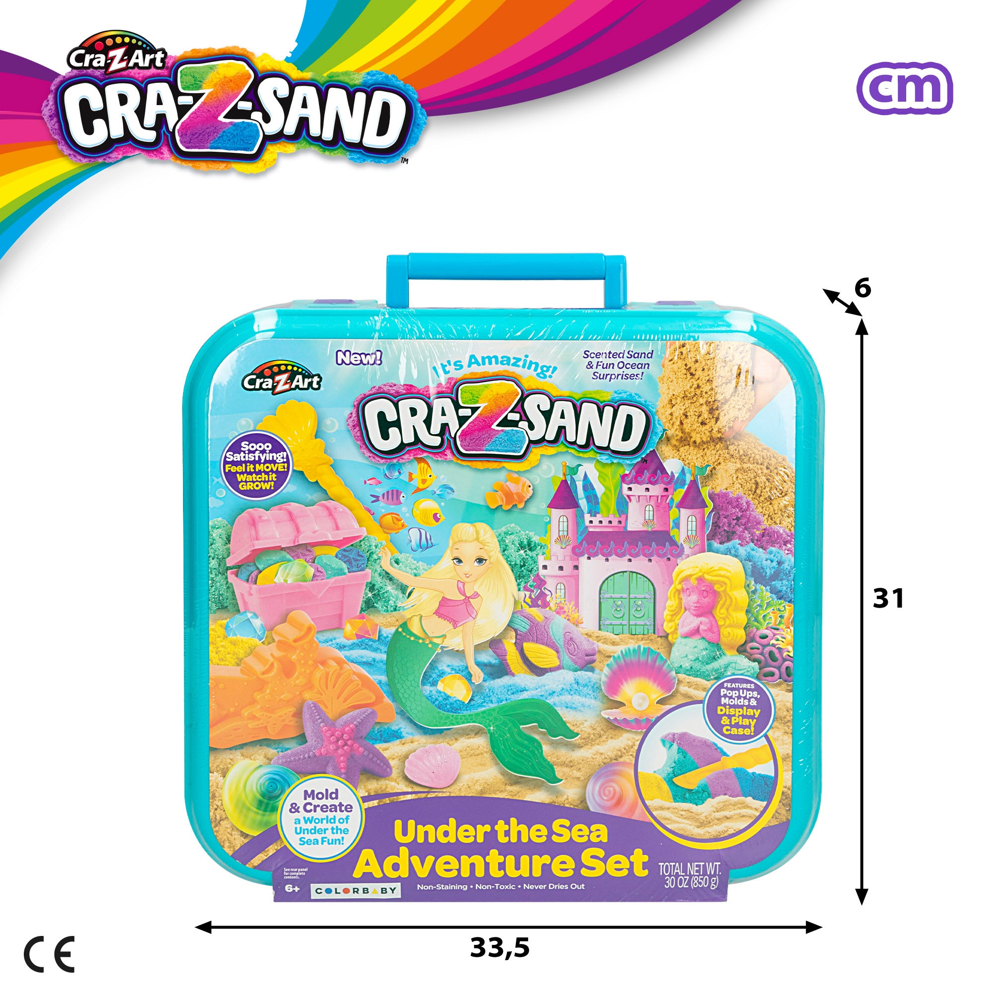 Conjunto de areia mágica moldável com 4 moldes marinhos e baú Cra-Z-Art.