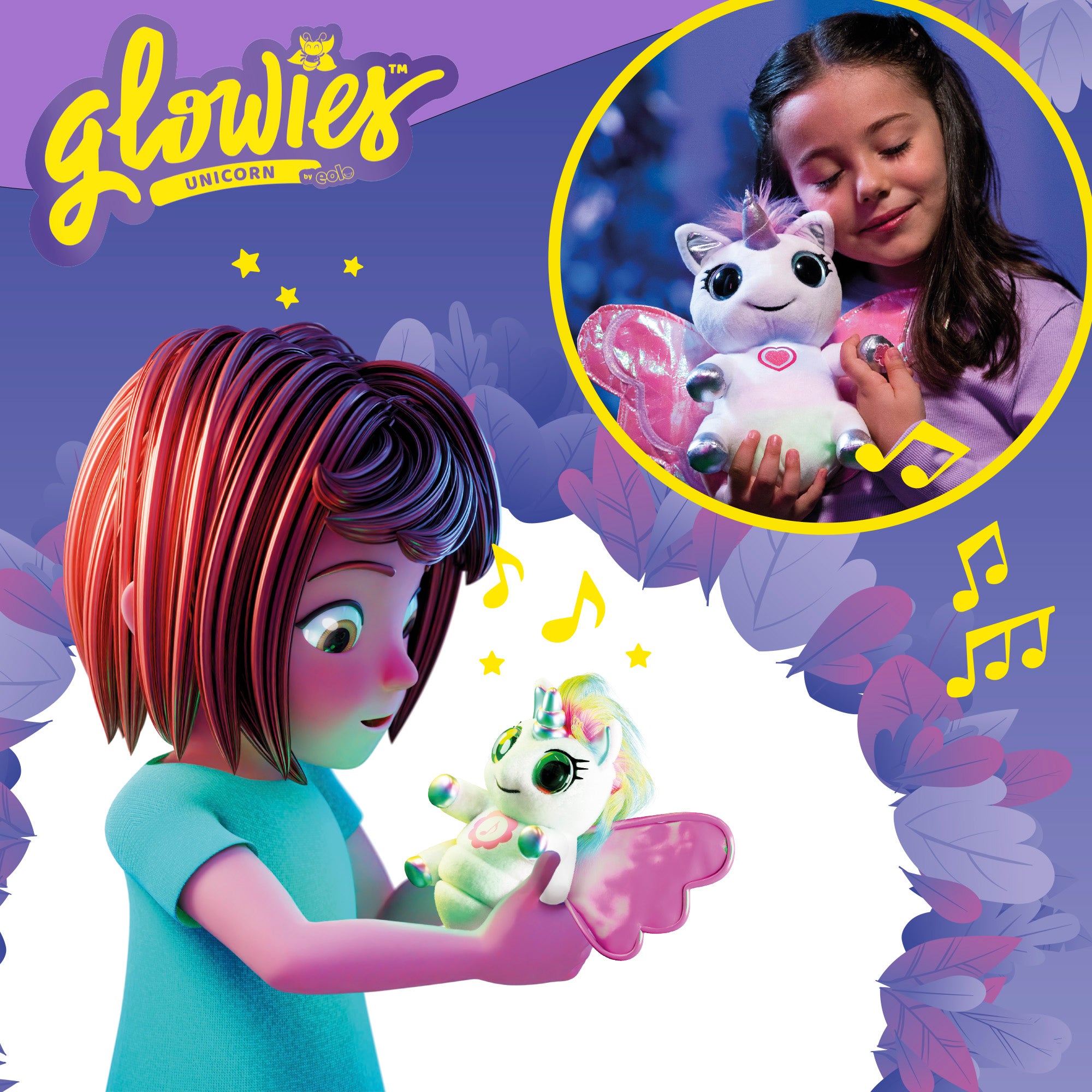 Unicórnio de peluche Glowies com luz e som para dormir
