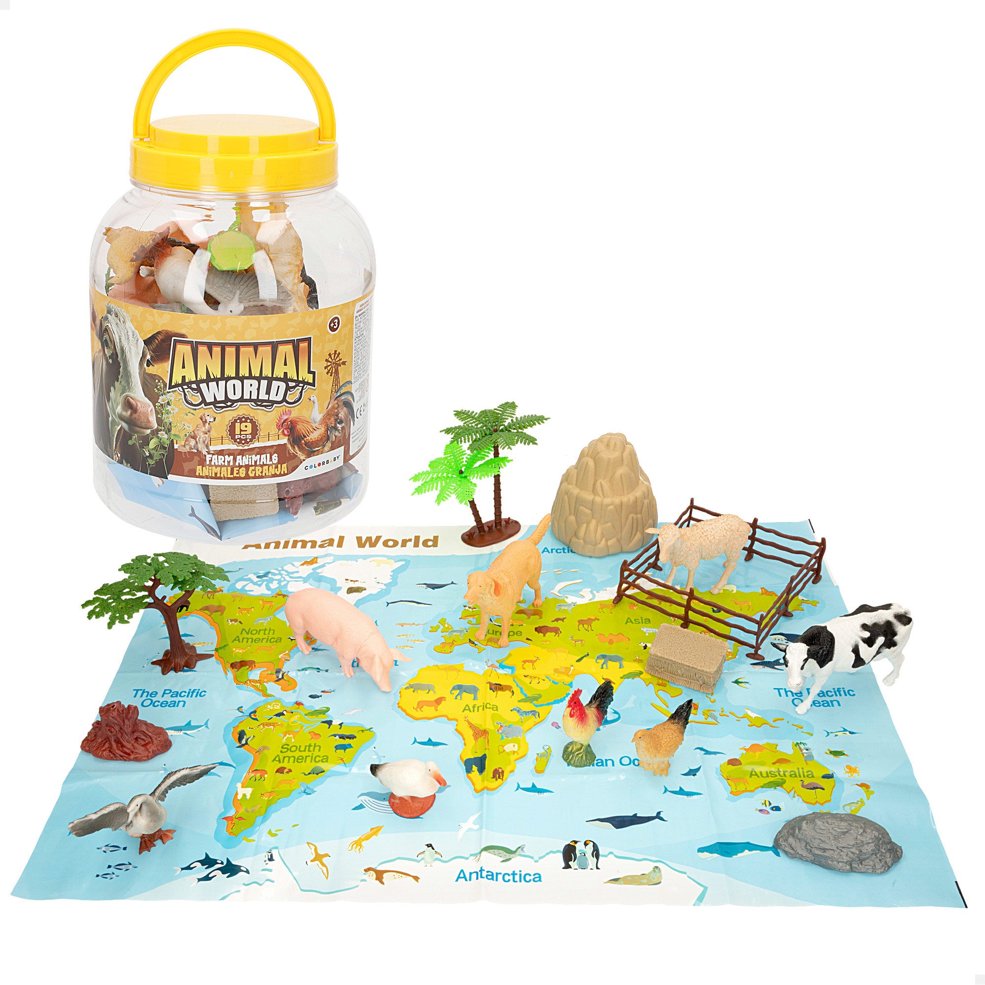 Conjunto de animais da quinta com mapa-mundo e acessórios, 19 peças. Mundo Animal