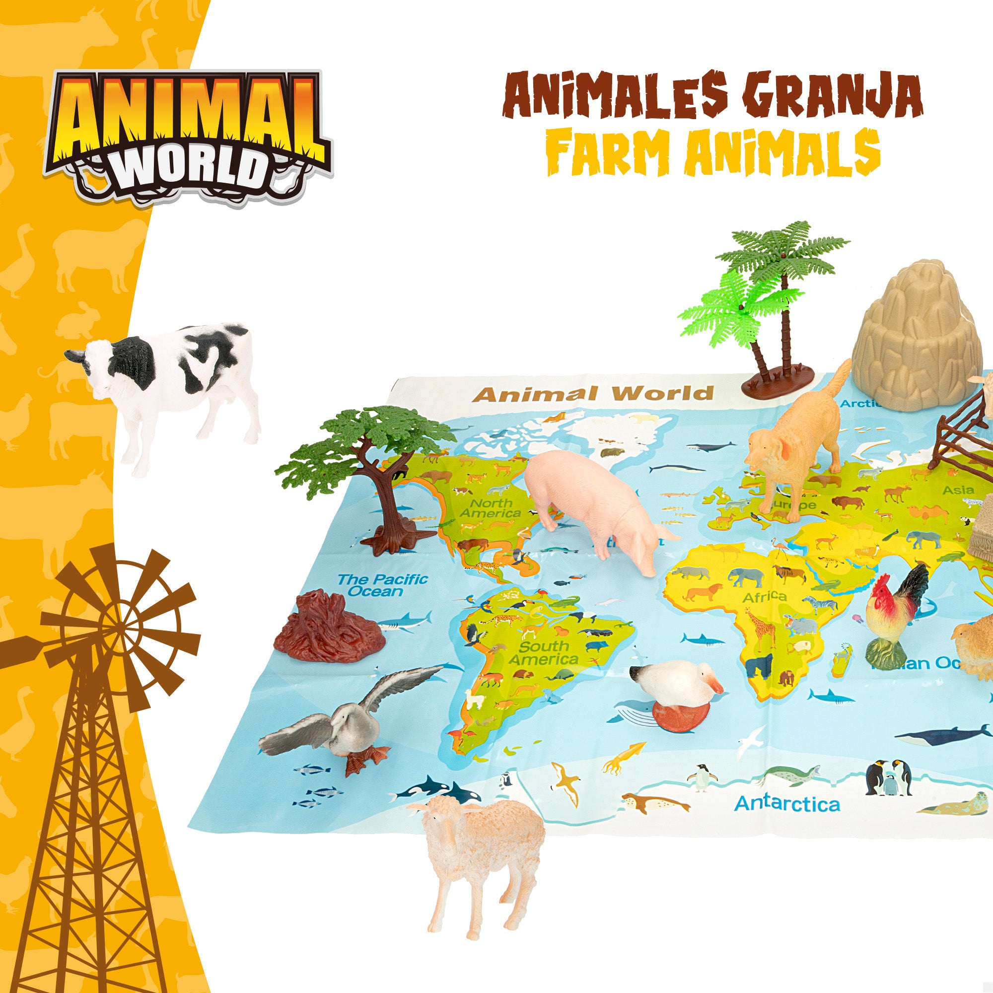 Conjunto de animais da quinta com mapa-mundo e acessórios, 19 peças. Mundo Animal