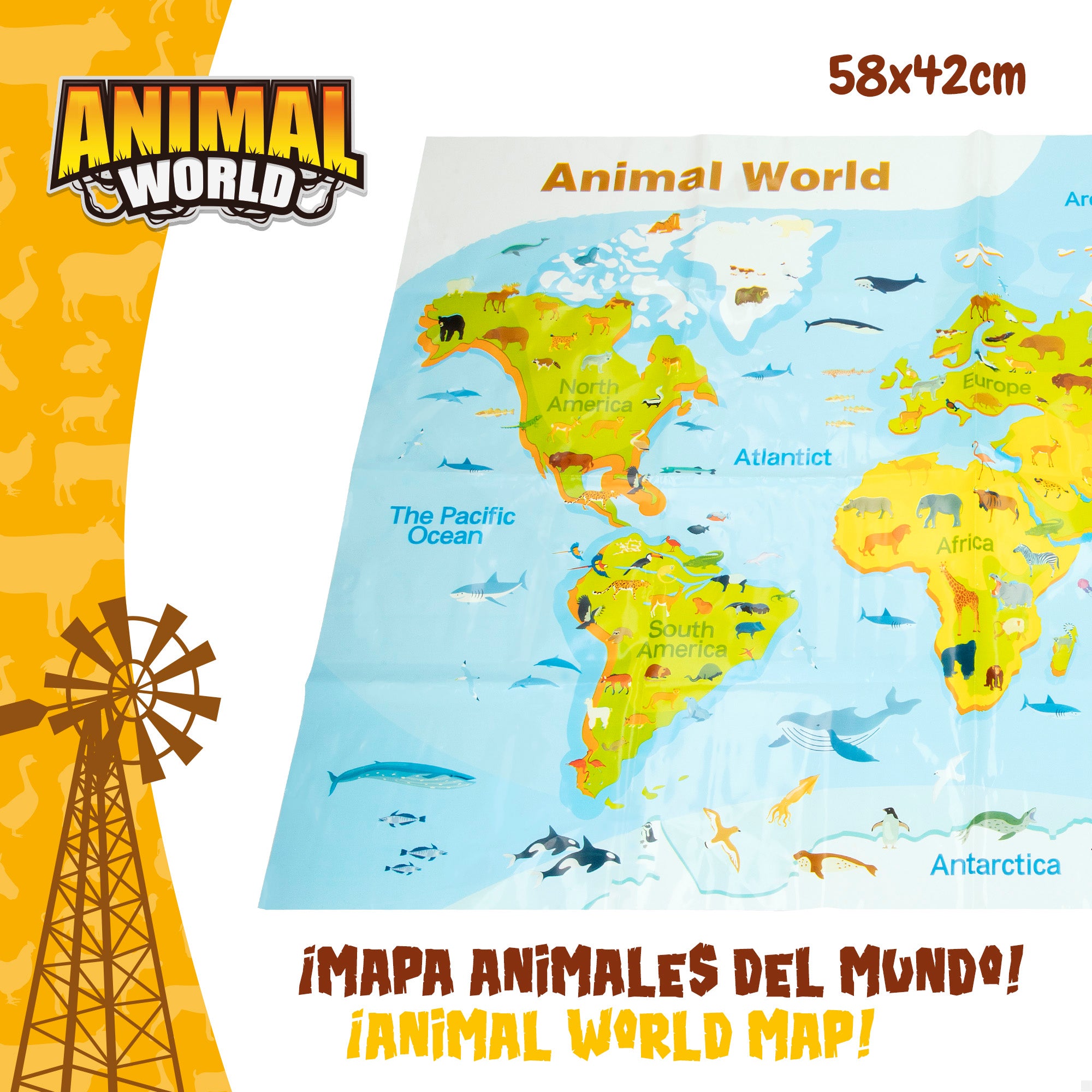 Conjunto de animais da quinta com mapa-mundo e acessórios, 19 peças. Mundo Animal