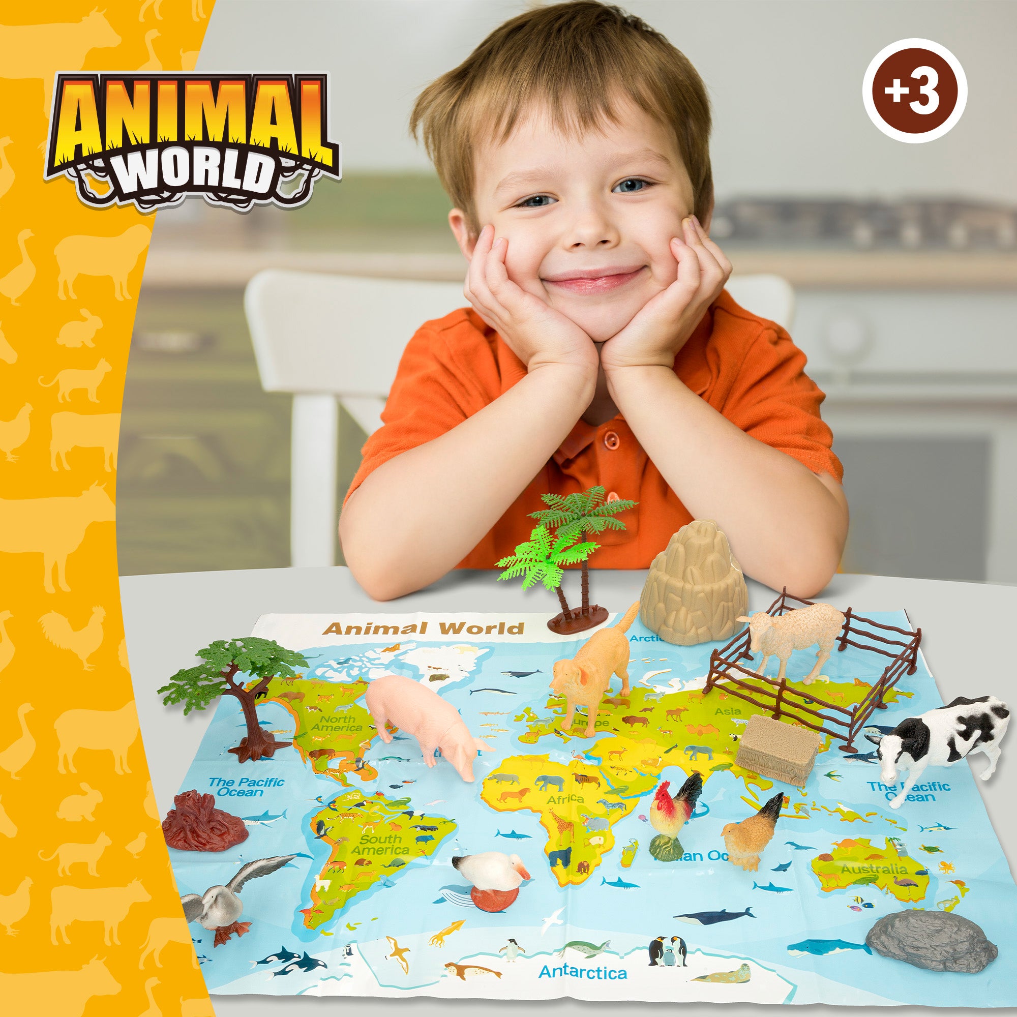 Conjunto de animais da quinta com mapa-mundo e acessórios, 19 peças. Mundo Animal