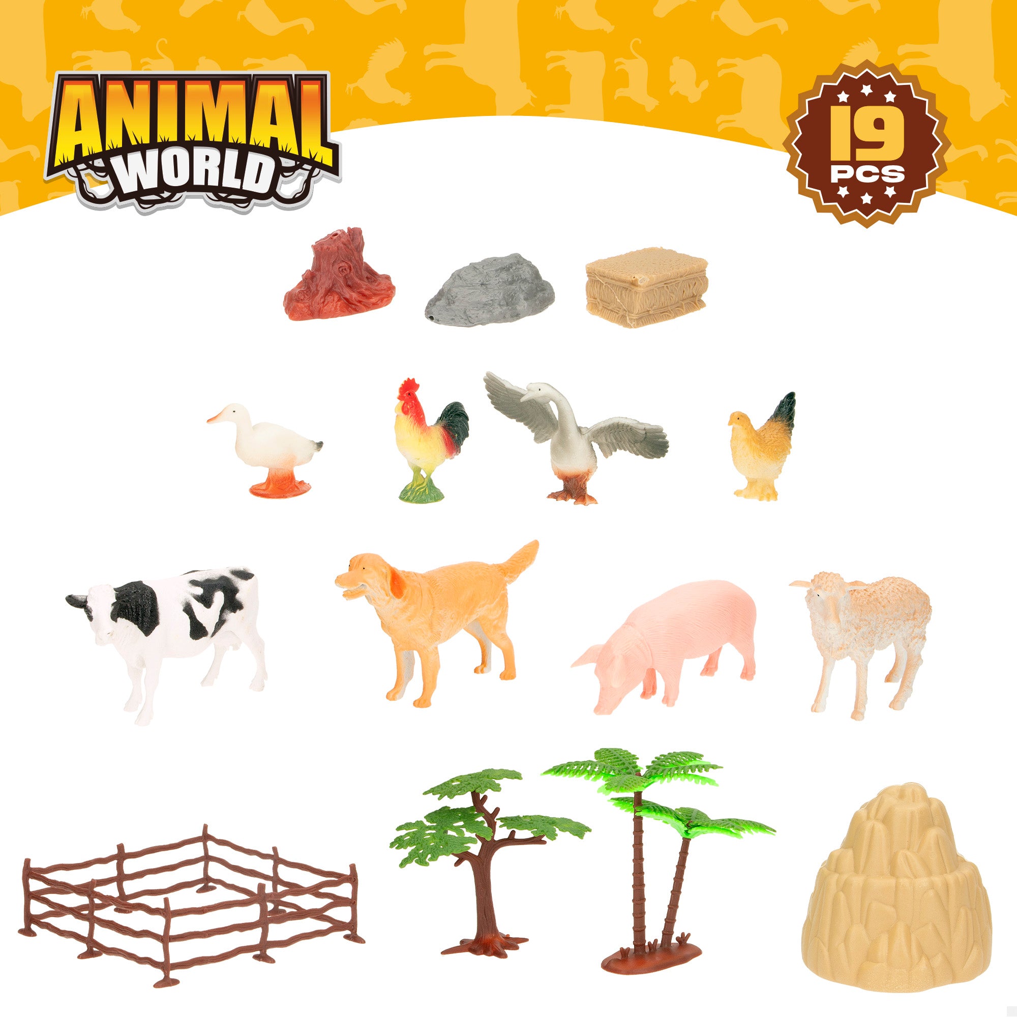 Conjunto de animais da quinta com mapa-mundo e acessórios, 19 peças. Mundo Animal