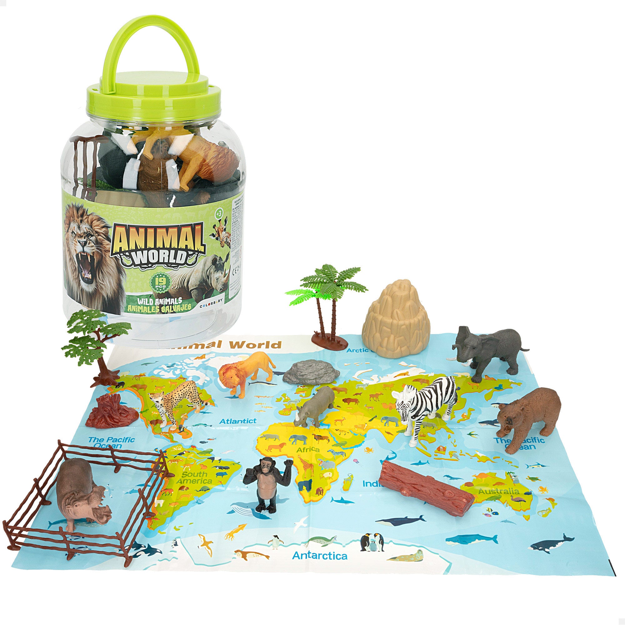Conjunto de animais da selva com mapa-mundo e acessórios, 19 peças. Mundo Animal