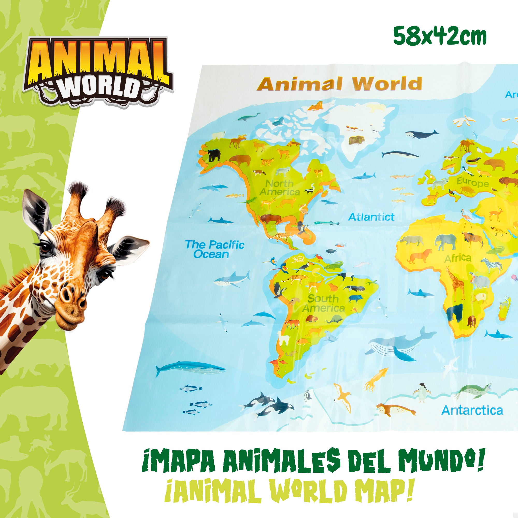 Conjunto de animais da selva com mapa-mundo e acessórios, 19 peças. Mundo Animal