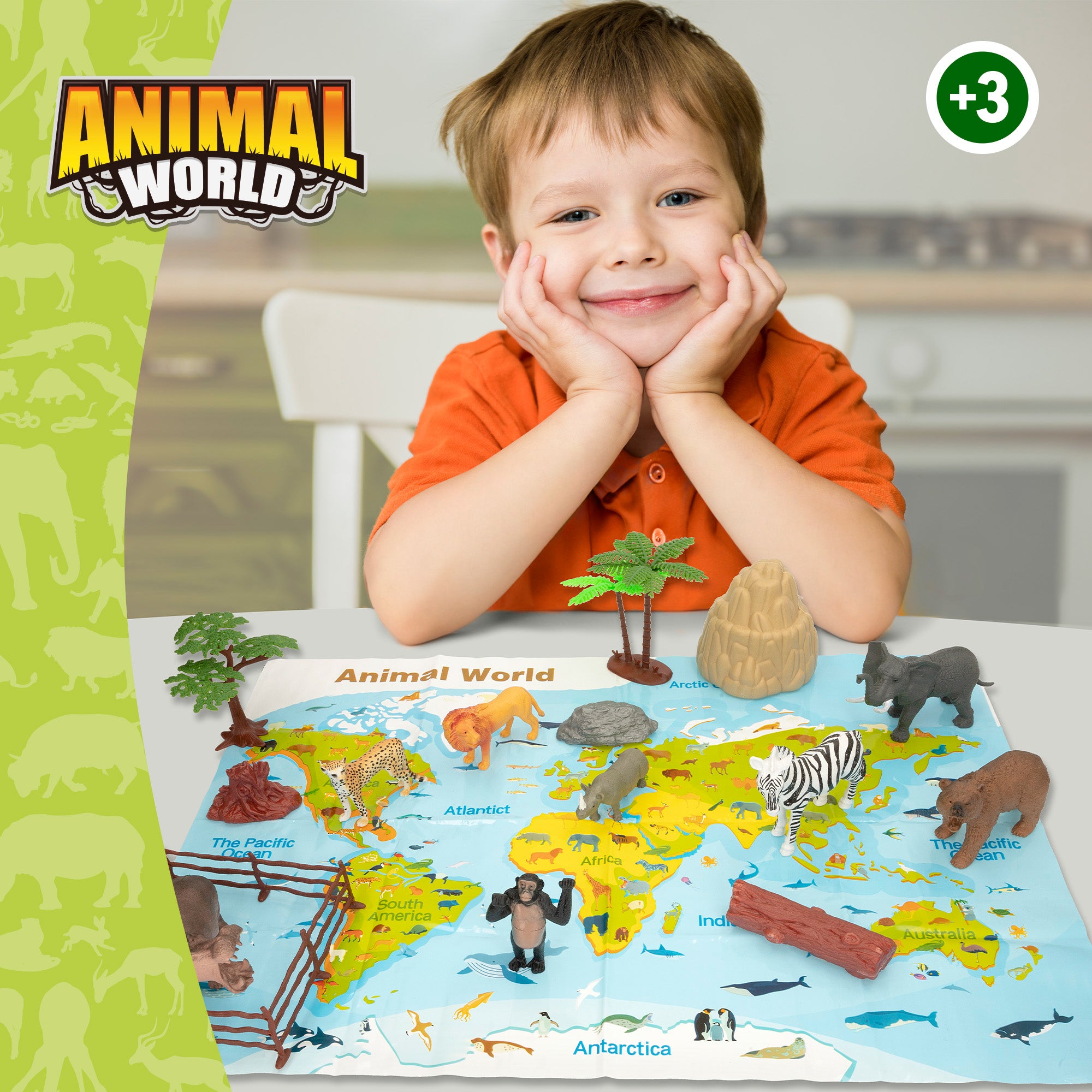Conjunto de animais da selva com mapa-mundo e acessórios, 19 peças. Mundo Animal