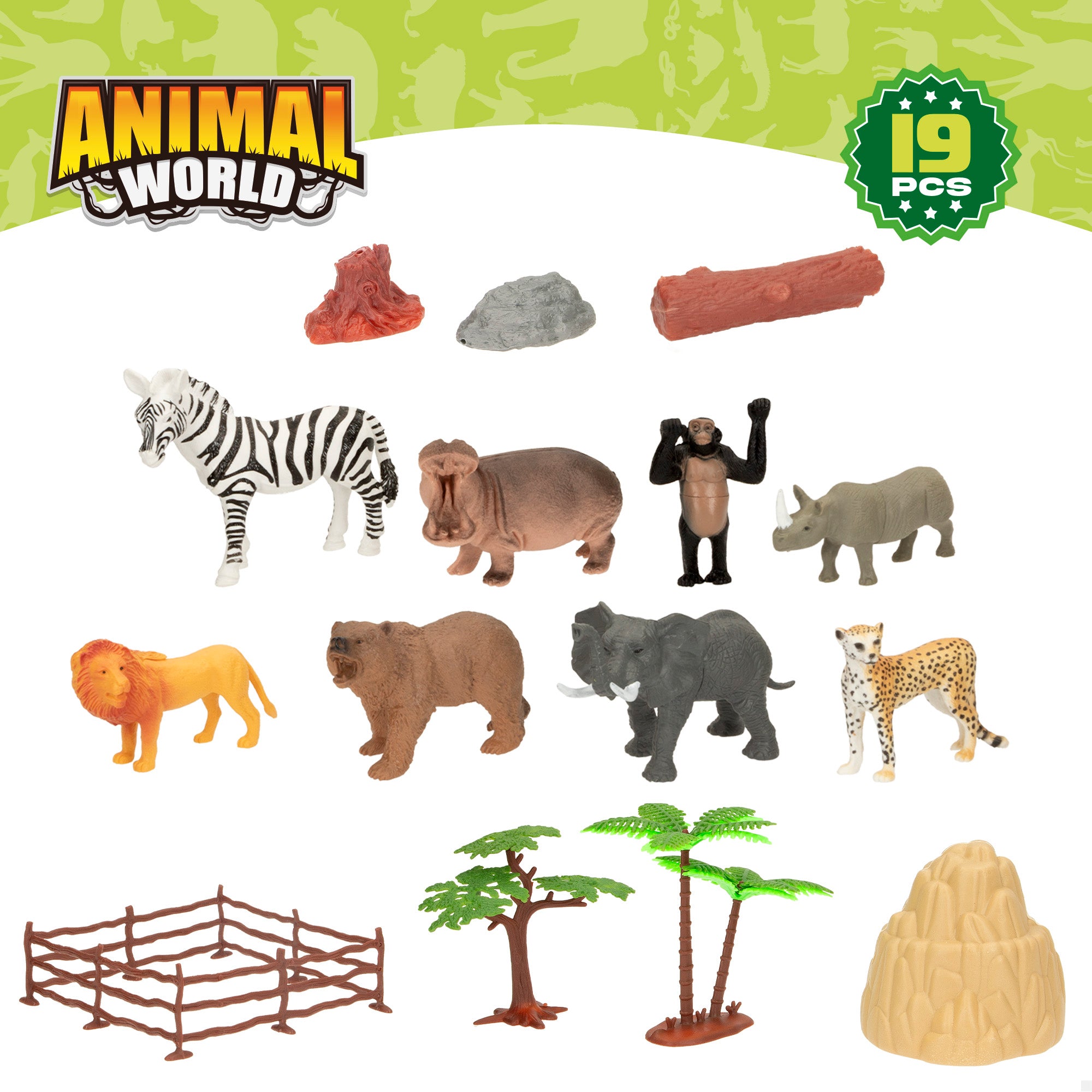 Conjunto de animais da selva com mapa-mundo e acessórios, 19 peças. Mundo Animal