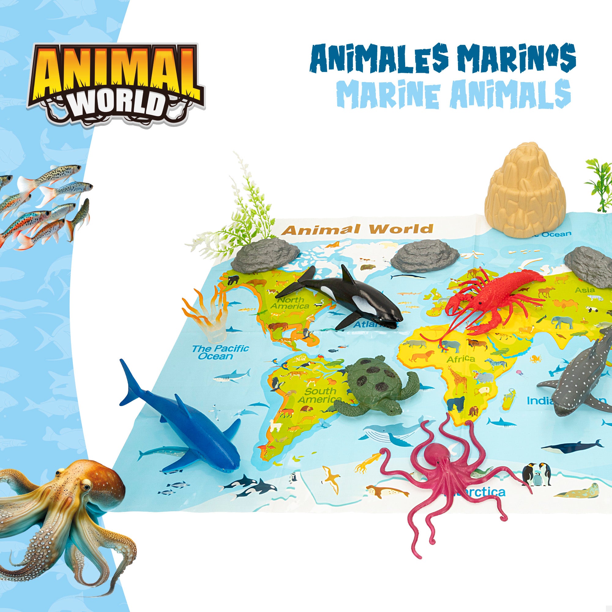 Conjunto de animais marinhos com mapa-mundo e acessórios, 19 peças. Mundo Animal
