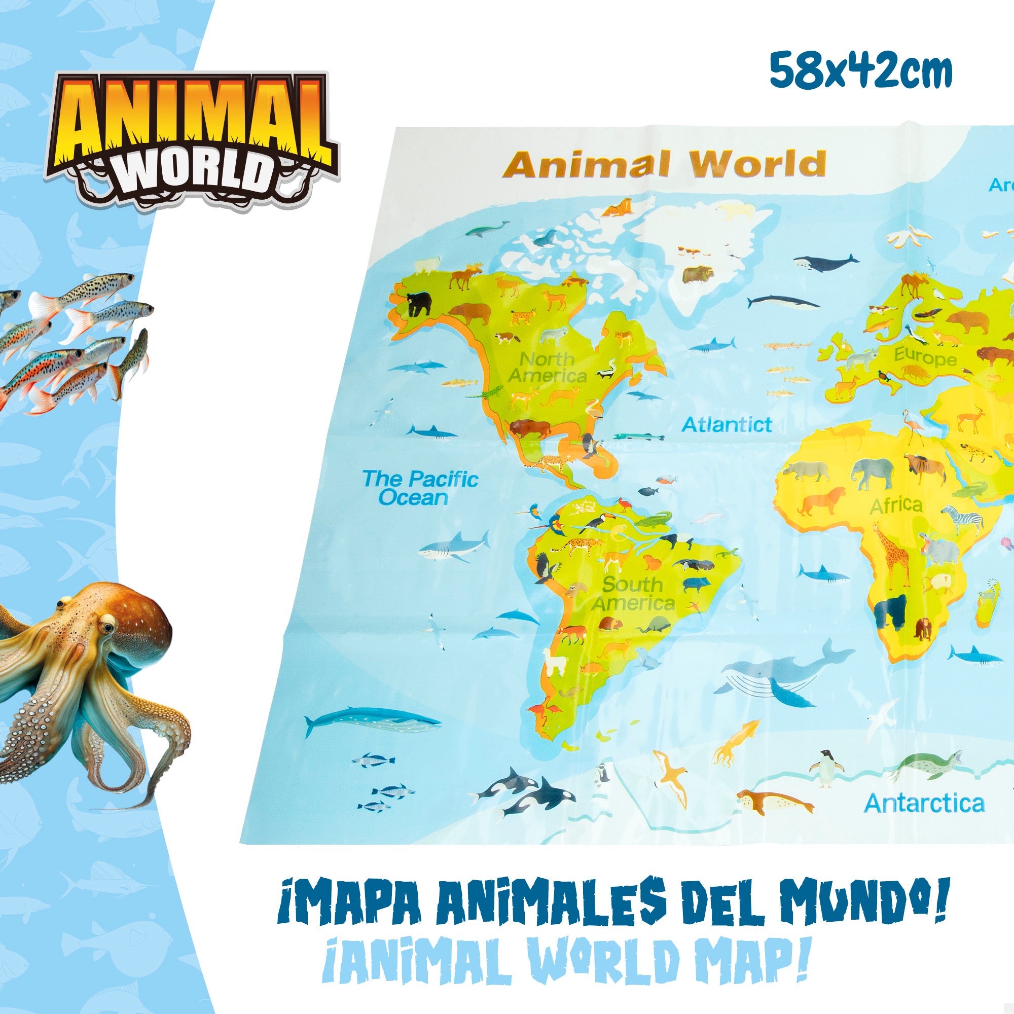 Conjunto de animais marinhos com mapa-mundo e acessórios, 19 peças. Mundo Animal