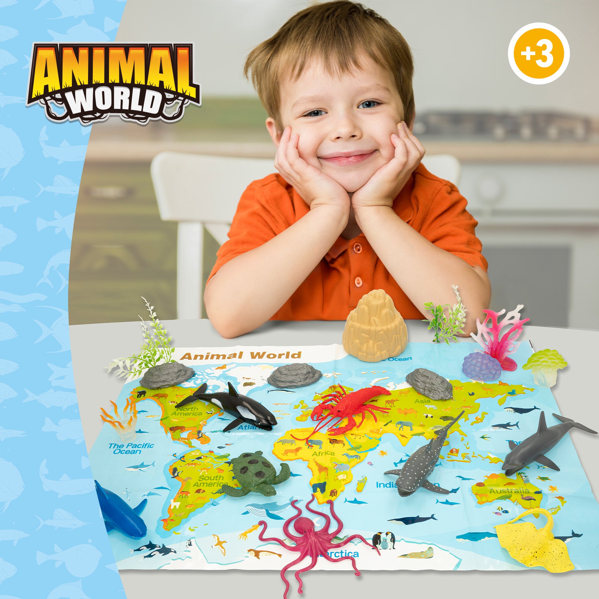 Conjunto de animais marinhos com mapa-mundo e acessórios, 19 peças. Mundo Animal