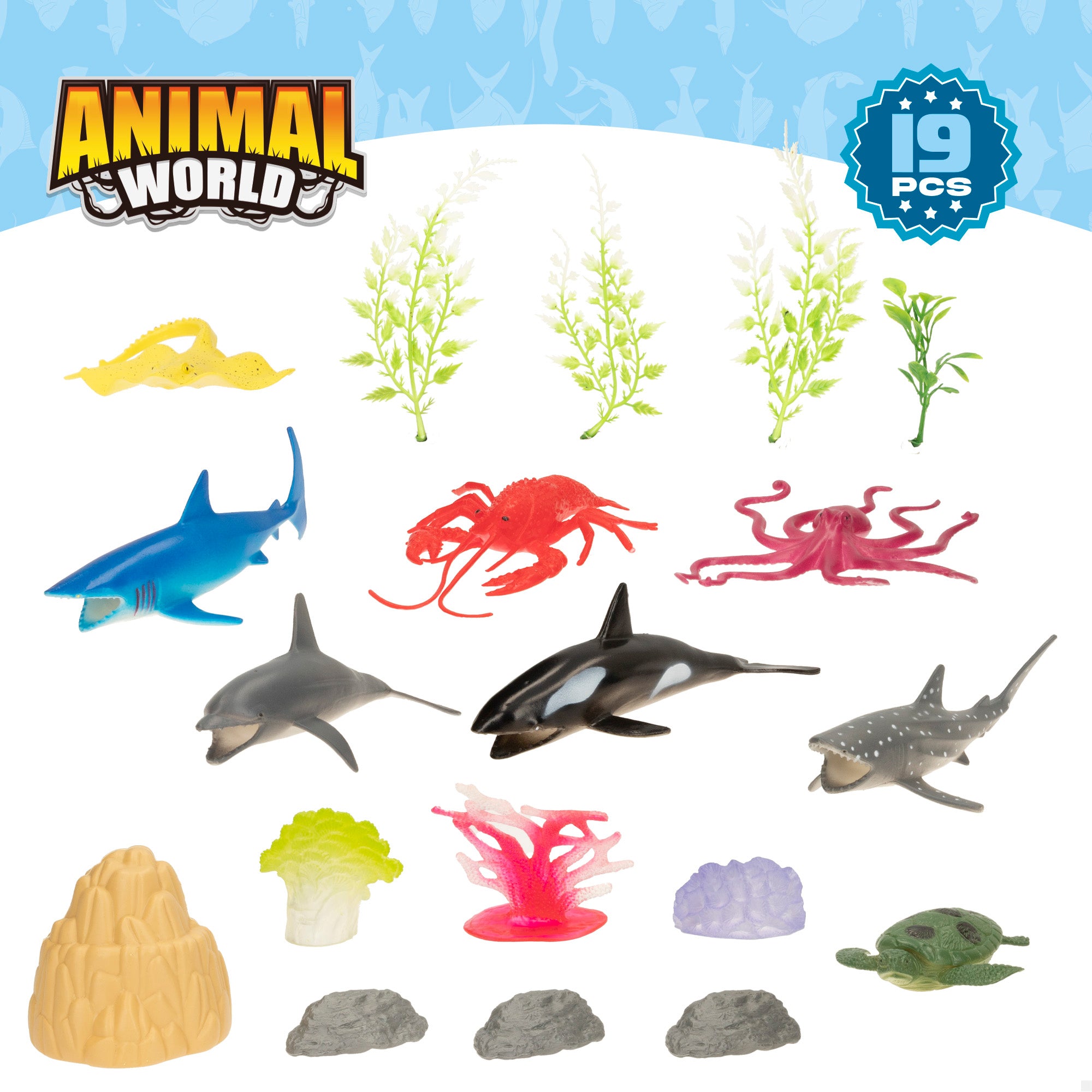Conjunto de animais marinhos com mapa-mundo e acessórios, 19 peças. Mundo Animal