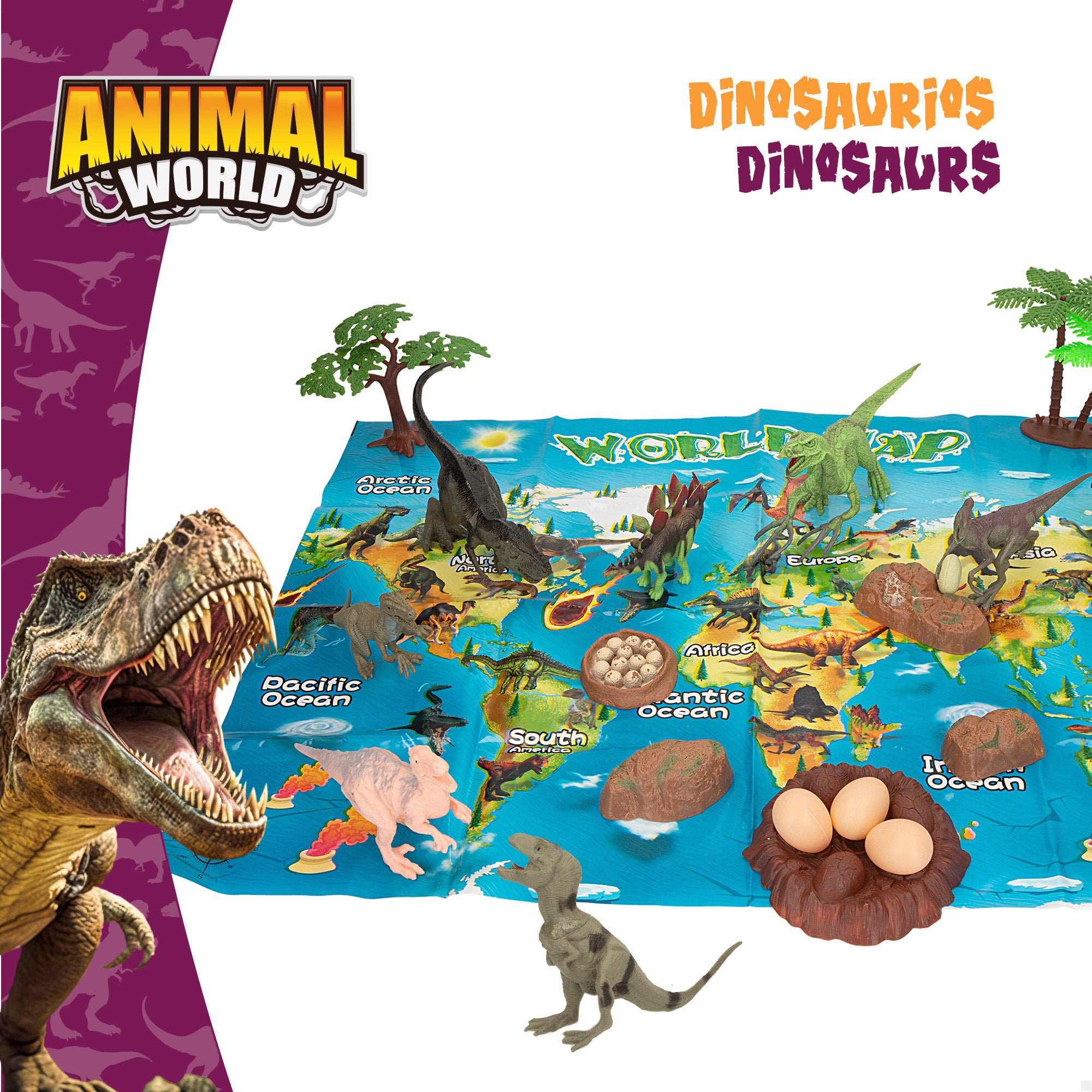 Conjunto de dinossauros com mapa-mundo e acessórios, 19 peças. Mundo Animal
