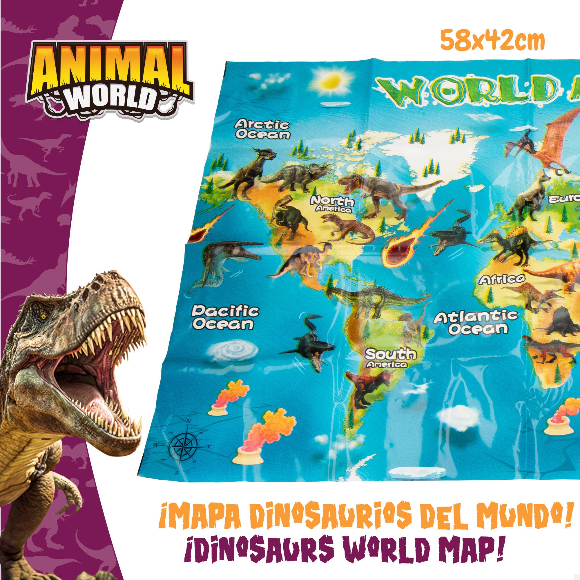Conjunto de dinossauros com mapa-mundo e acessórios, 19 peças. Mundo Animal