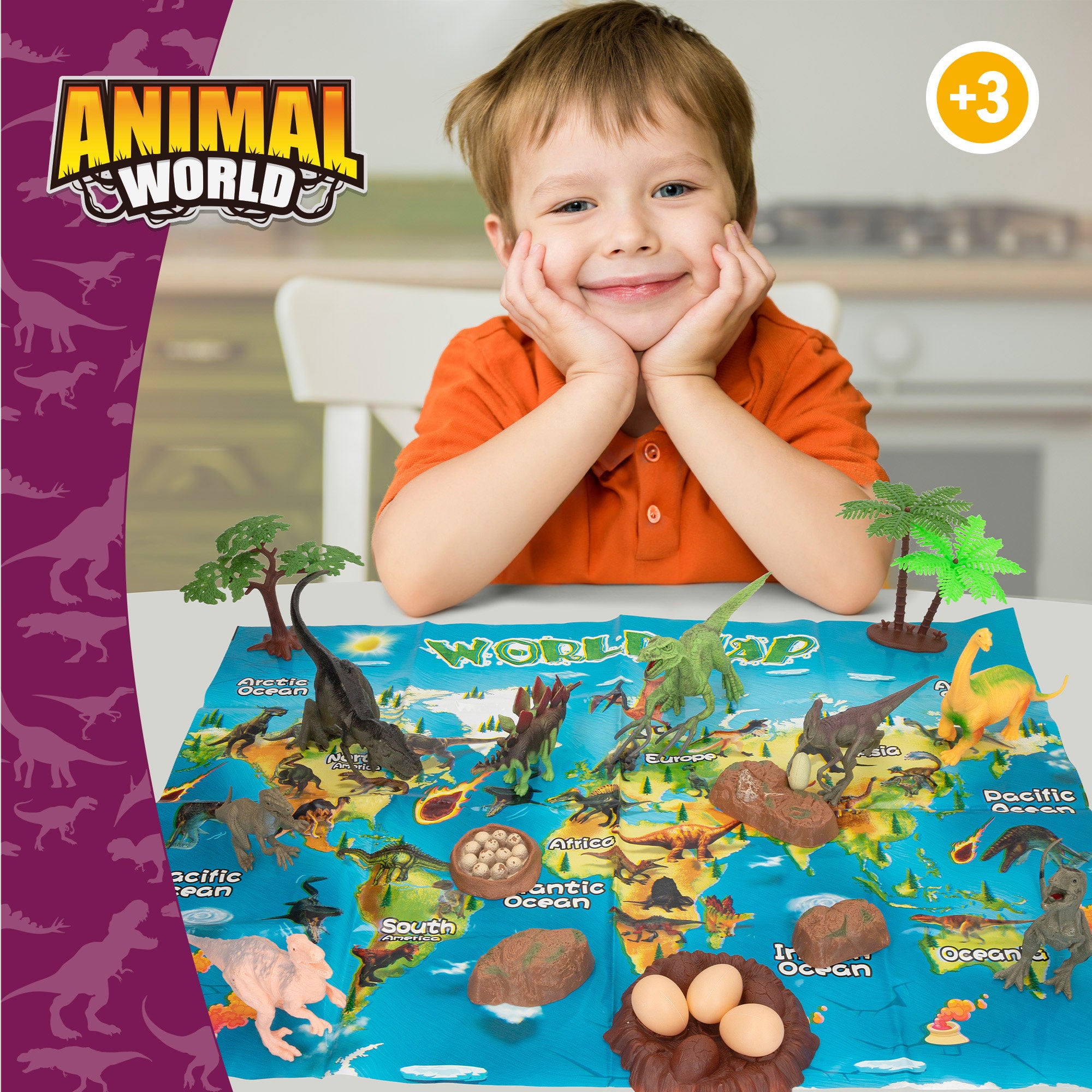 Conjunto de dinossauros com mapa-mundo e acessórios, 19 peças. Mundo Animal