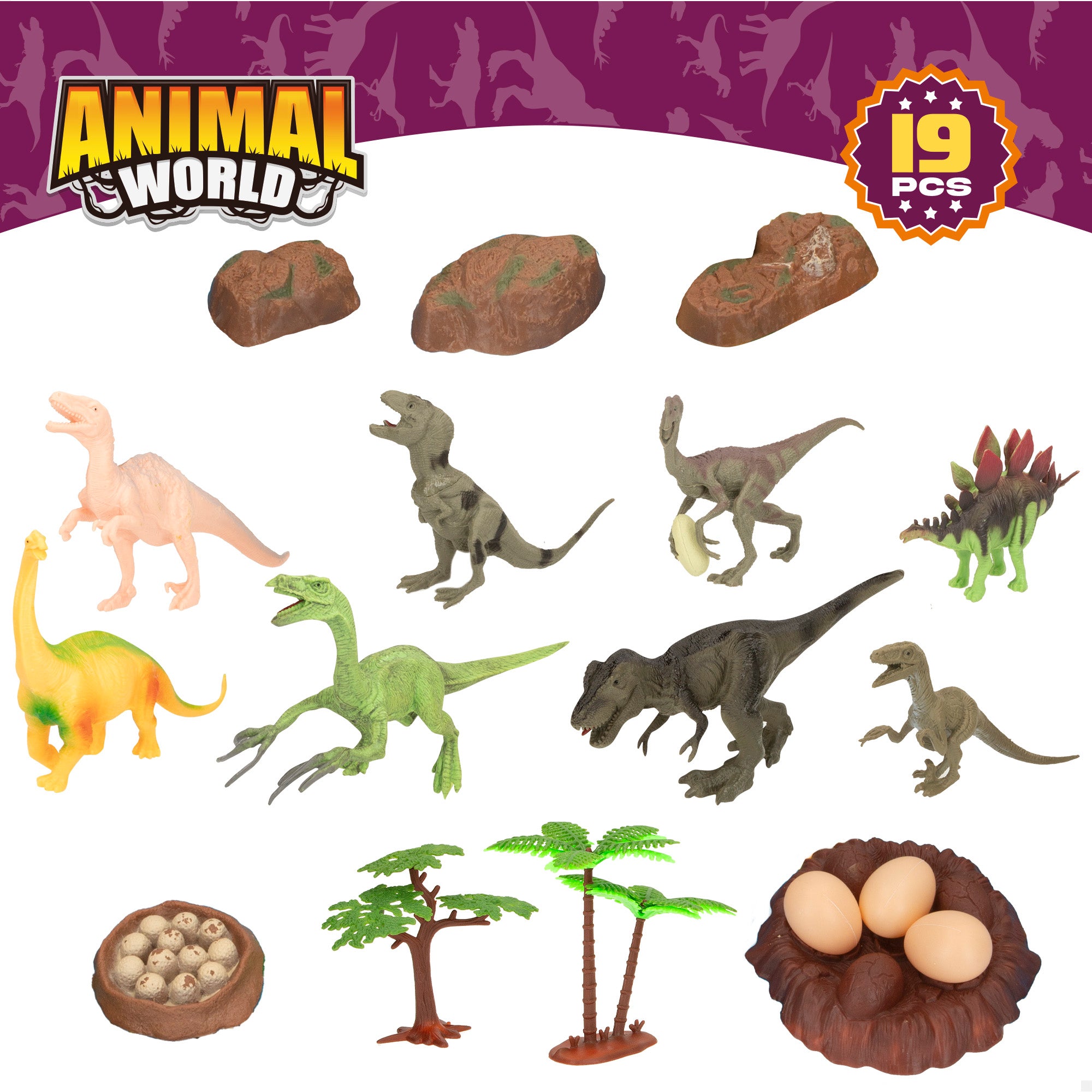 Conjunto de dinossauros com mapa-mundo e acessórios, 19 peças. Mundo Animal