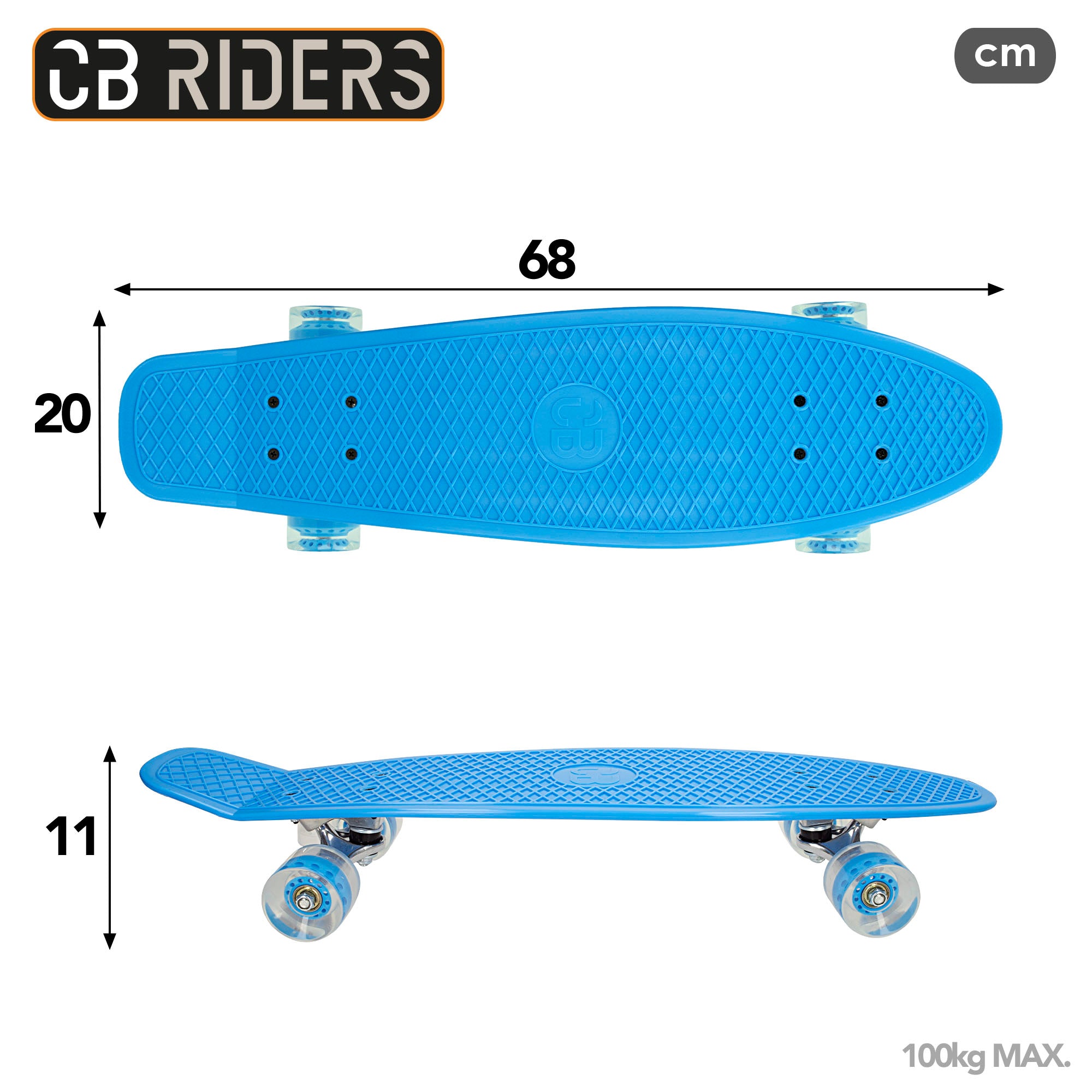 Skate infantil CB Riders com 4 rodas, azul, 68 cm