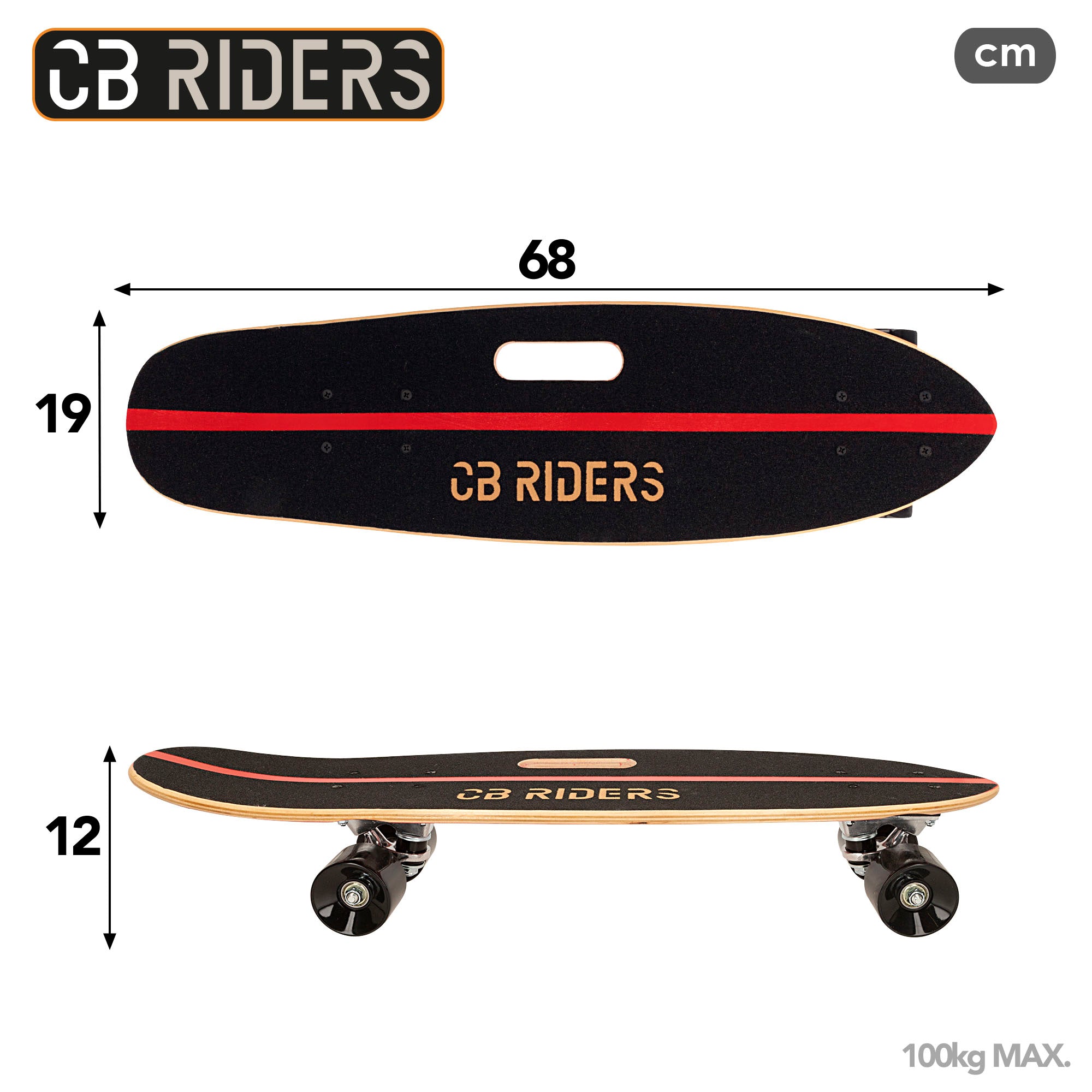 Skate de criança CB Riders, 4 rodas, preto, 68 cm com guiador.