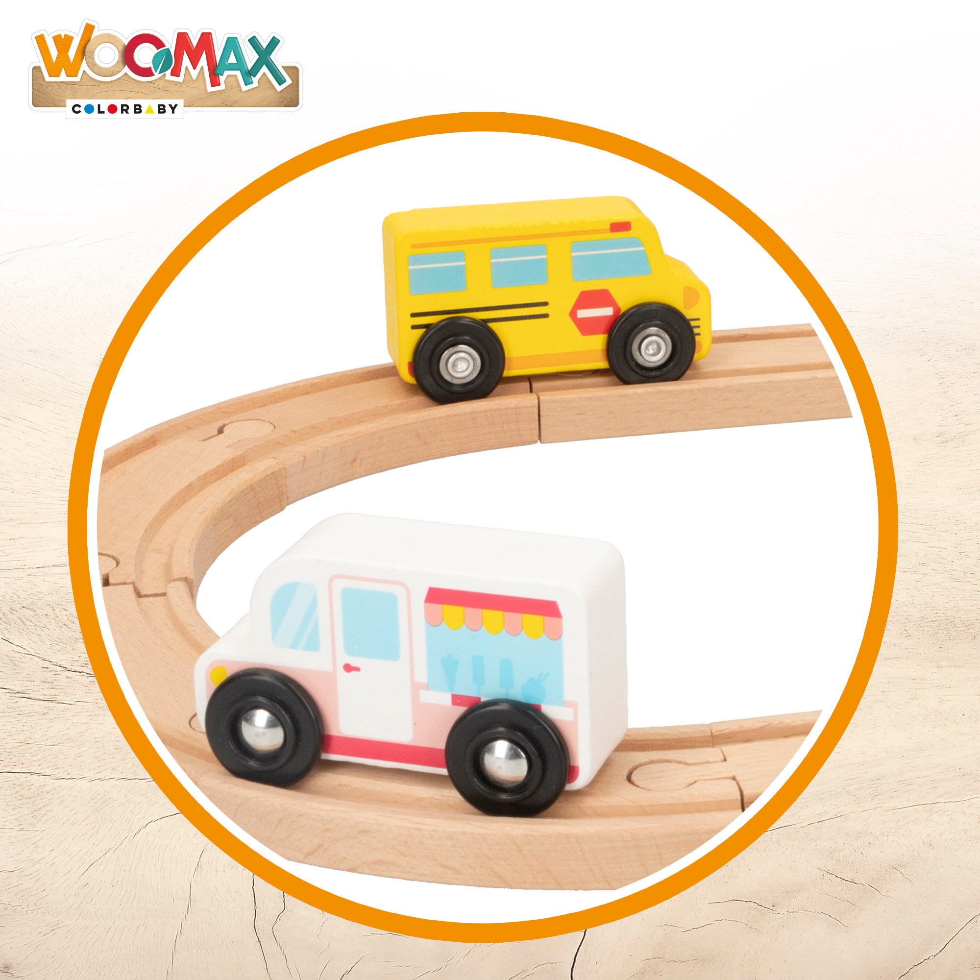 WOOMAX Conjunto de Pista de Corridas em Madeira com Carrinhos, Edifícios e Figurantes