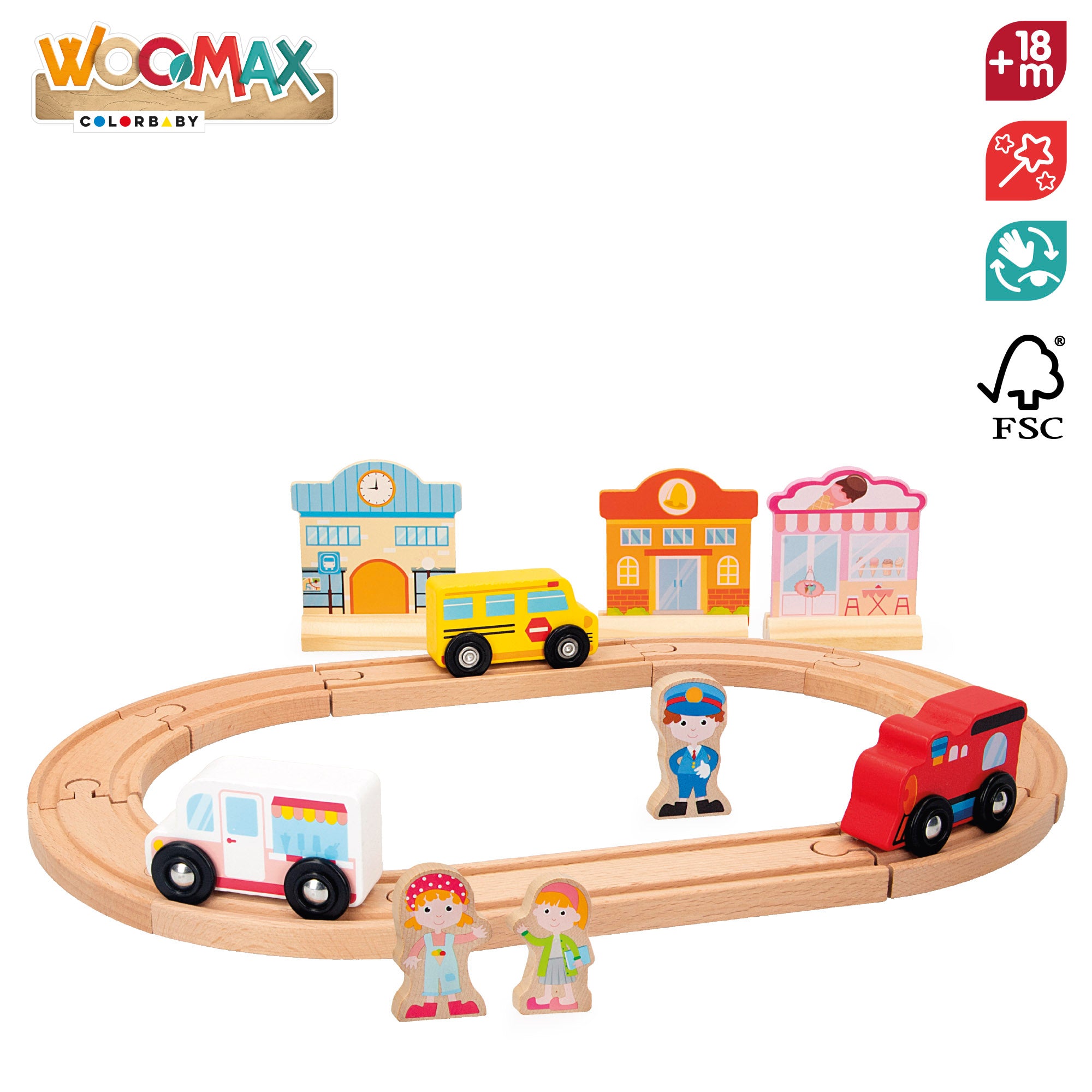 WOOMAX Conjunto de Pista de Corridas em Madeira com Carrinhos, Edifícios e Figurantes