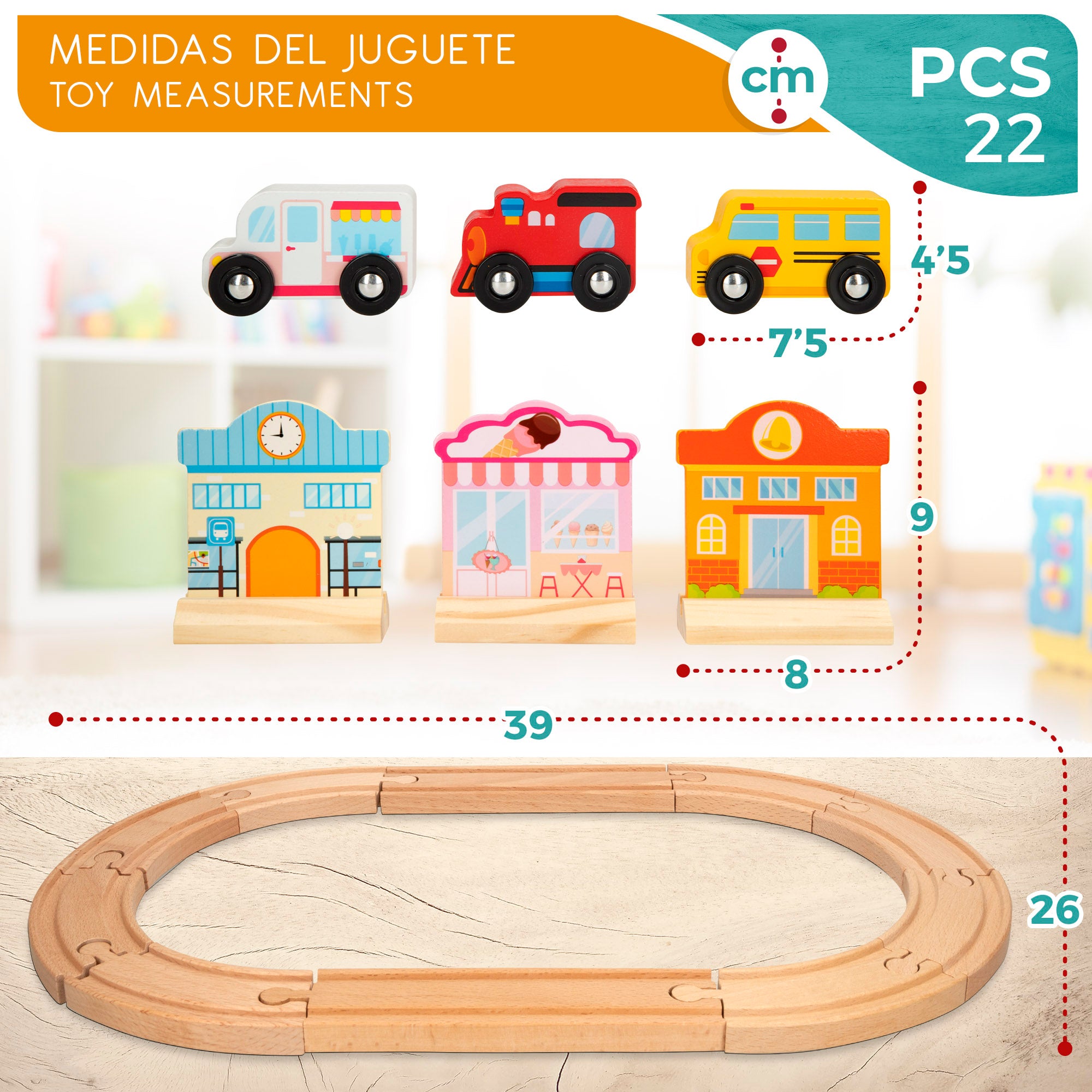 WOOMAX Conjunto de Pista de Corridas em Madeira com Carrinhos, Edifícios e Figurantes