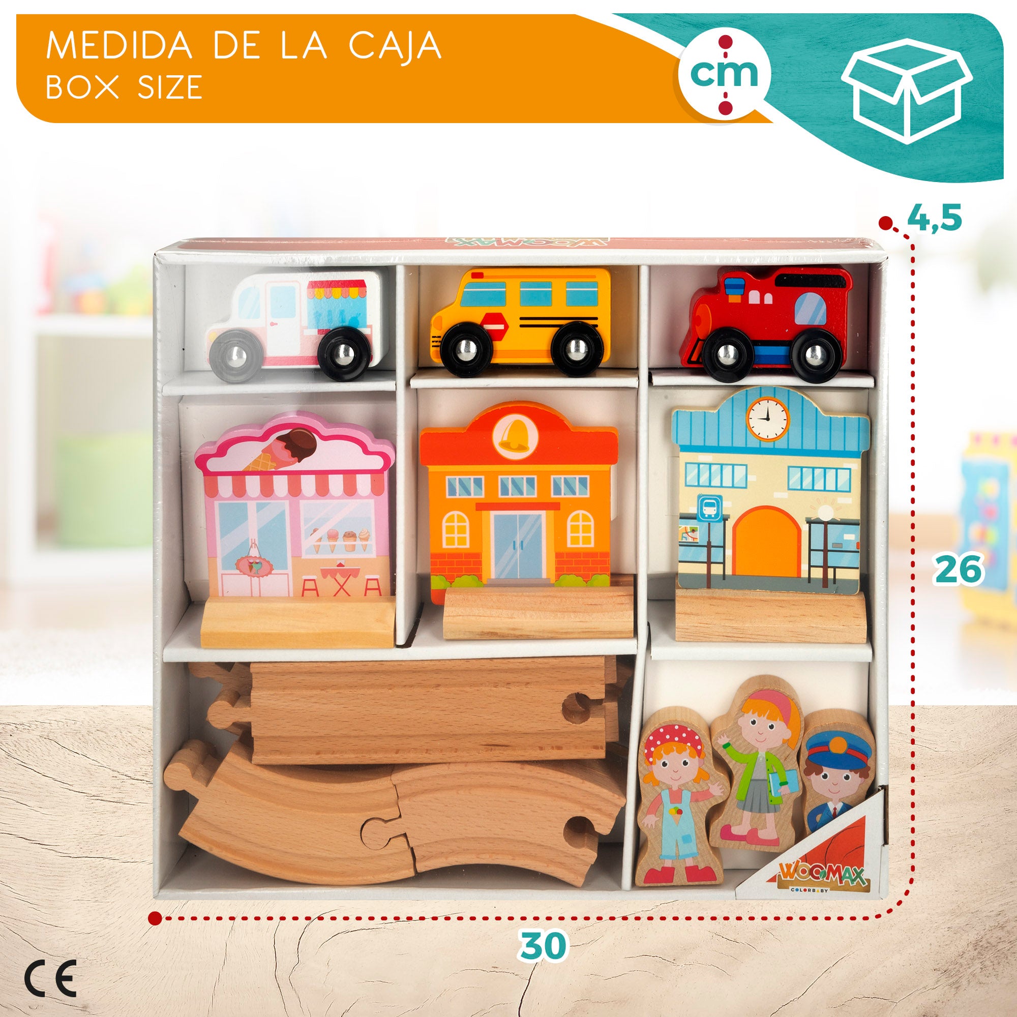 WOOMAX Conjunto de Pista de Corridas em Madeira com Carrinhos, Edifícios e Figurantes
