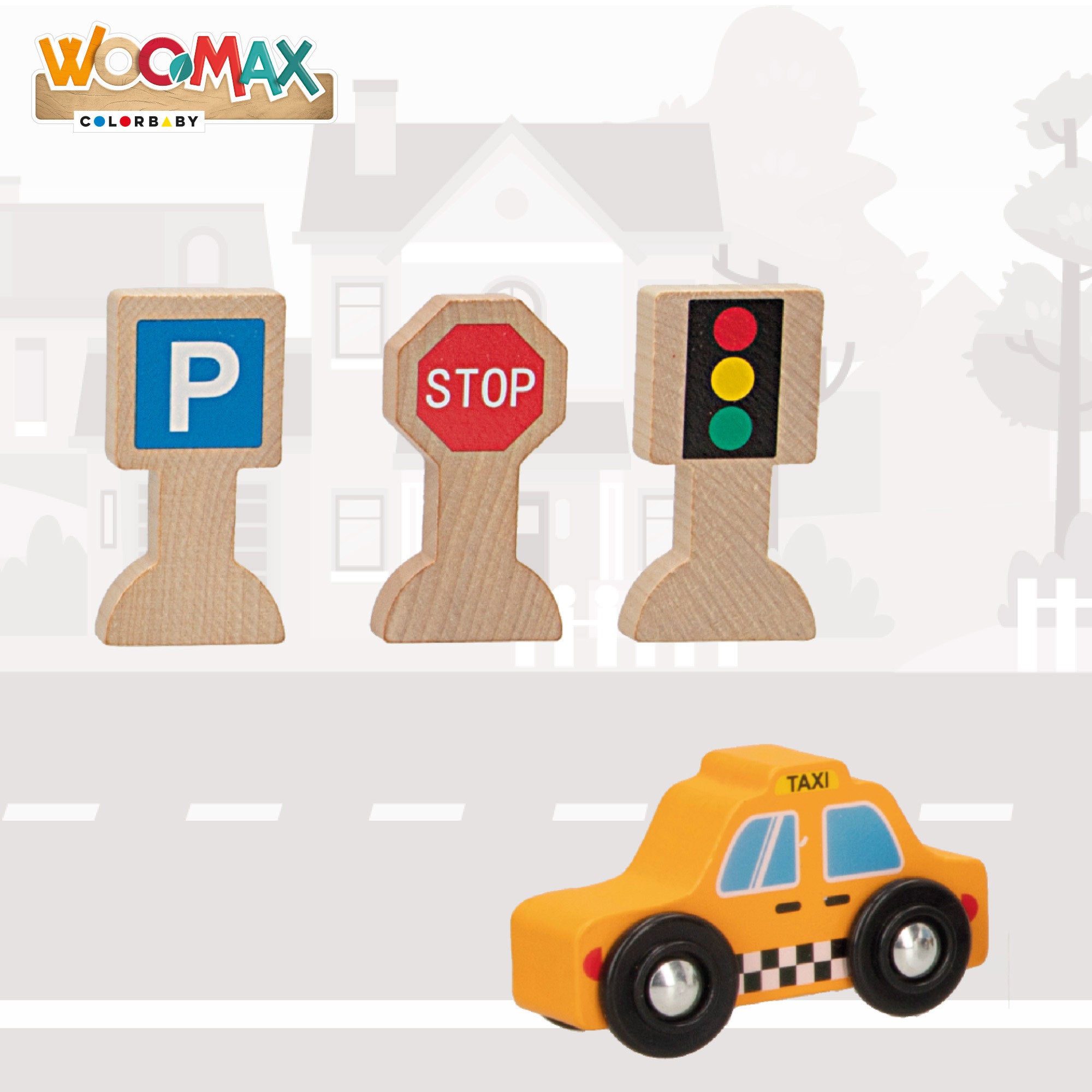 Conjunto WOOMAX com 6 veículos de madeira e 9 sinais de trânsito.