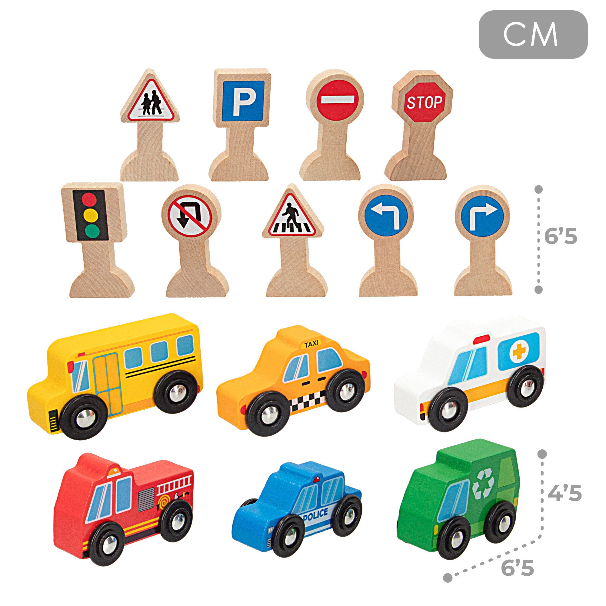 Conjunto WOOMAX com 6 veículos de madeira e 9 sinais de trânsito.