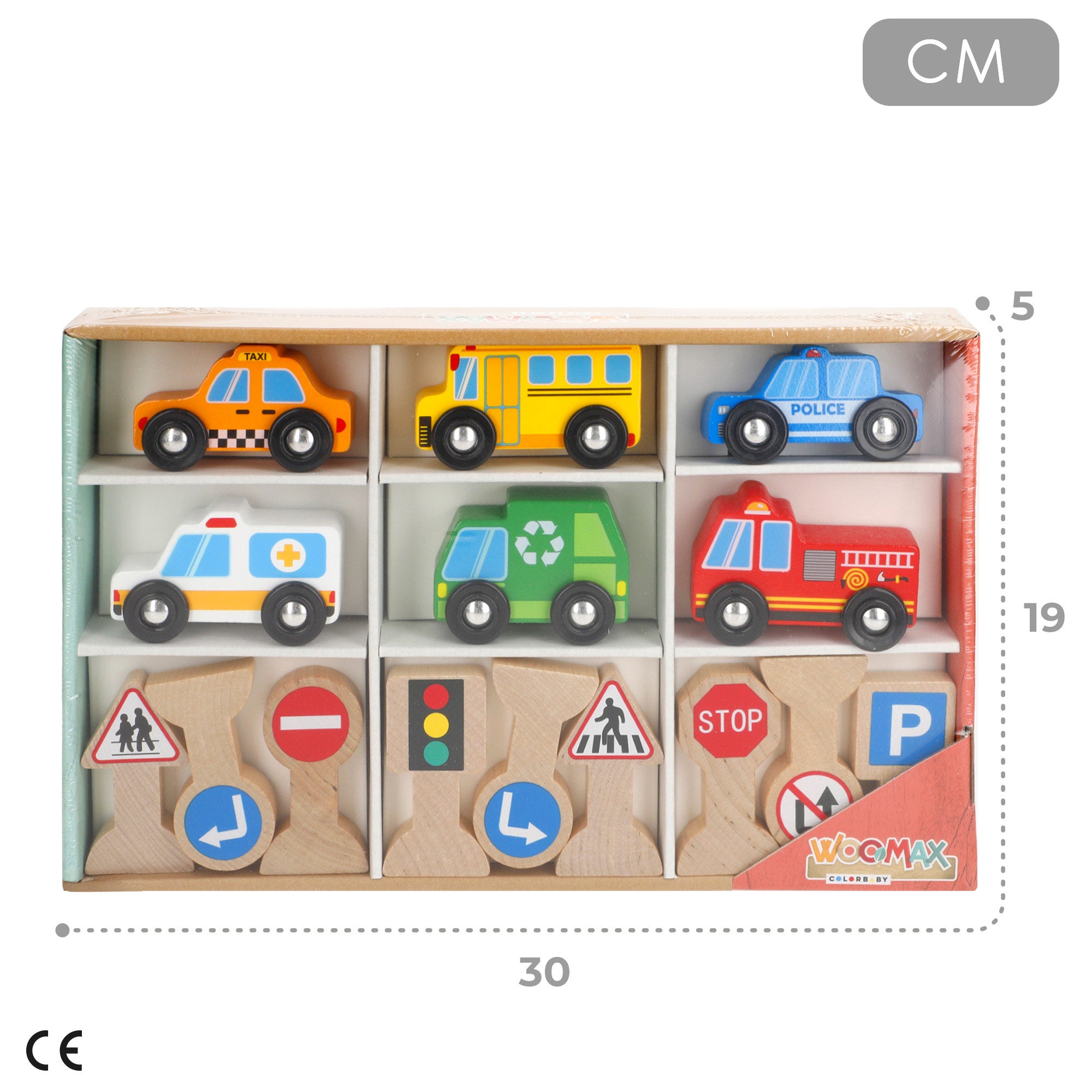 Conjunto WOOMAX com 6 veículos de madeira e 9 sinais de trânsito.