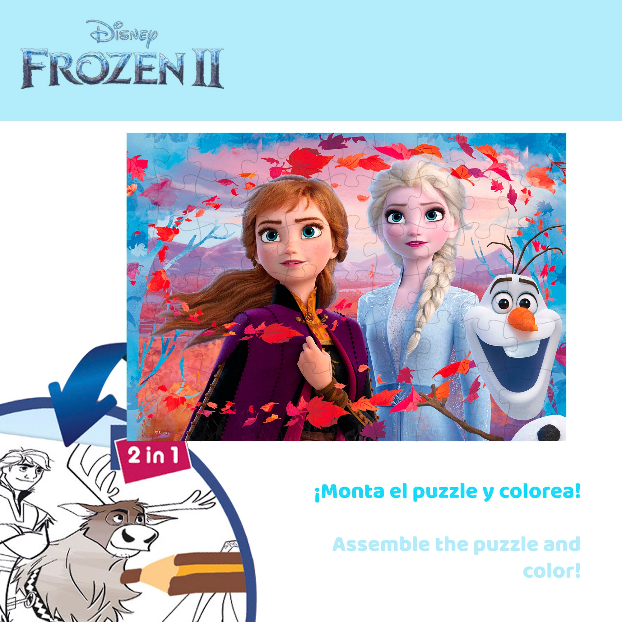 Puzzle Disney Frozen de dupla face para colorir, 60 peças.