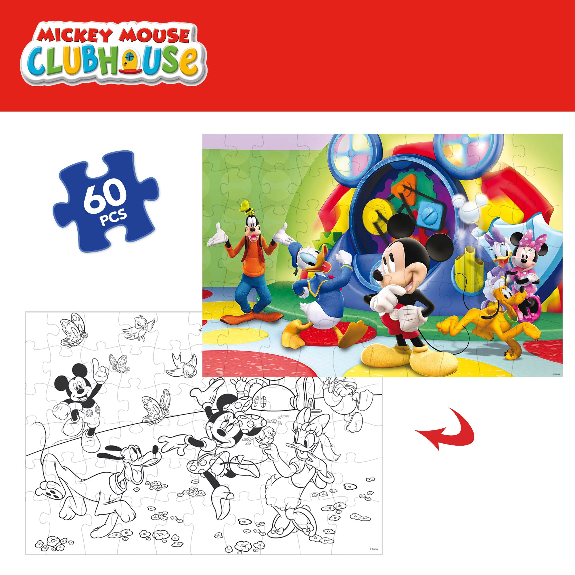 Puzzle dupla face da Casa do Mickey Mouse para colorir, 60 peças.