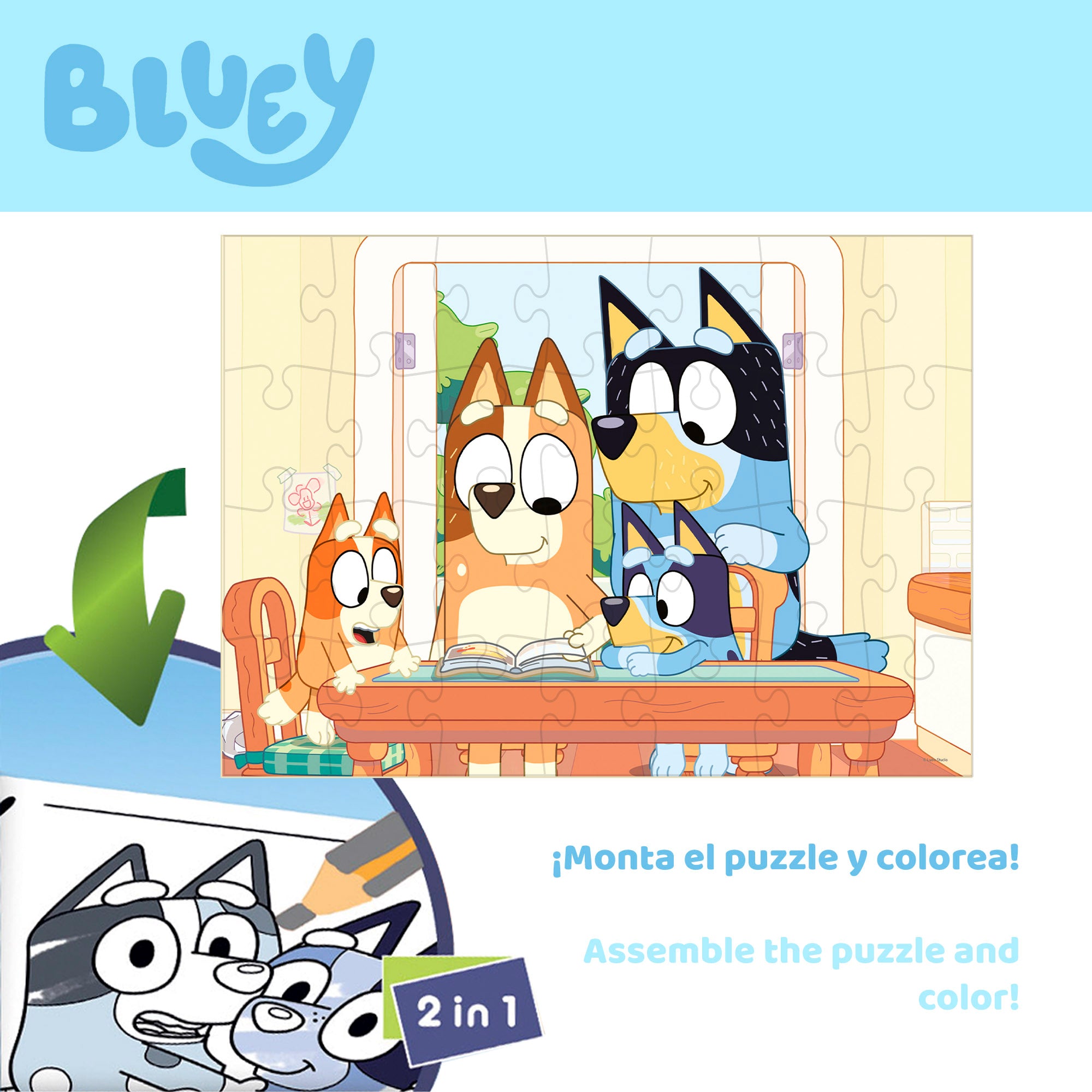 Puzzle Bluey de dupla face para colorir, 24 peças grandes