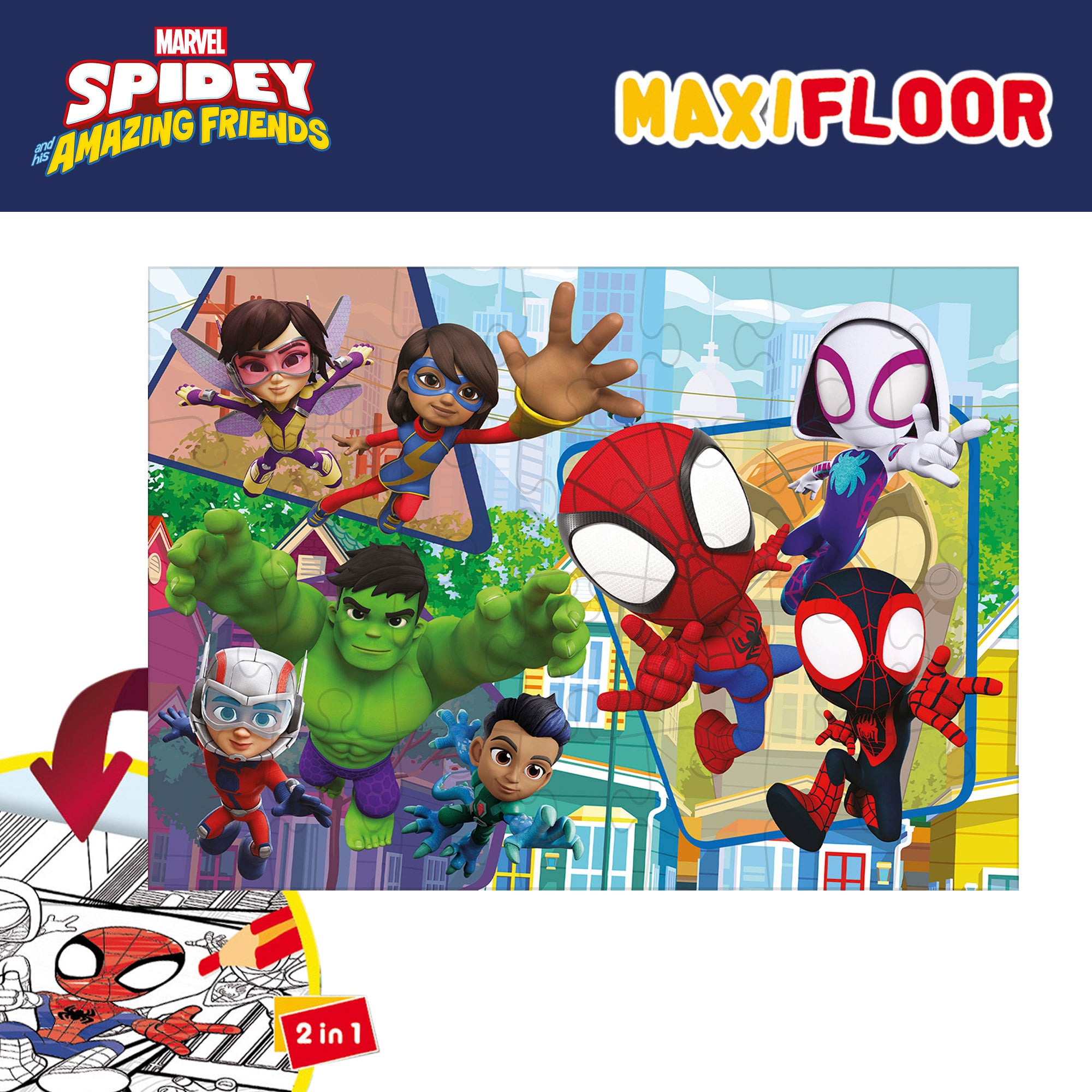 Puzzle de colorir dupla face do Homem-Aranha e a sua Super Equipa, 24 peças, tamanho XL