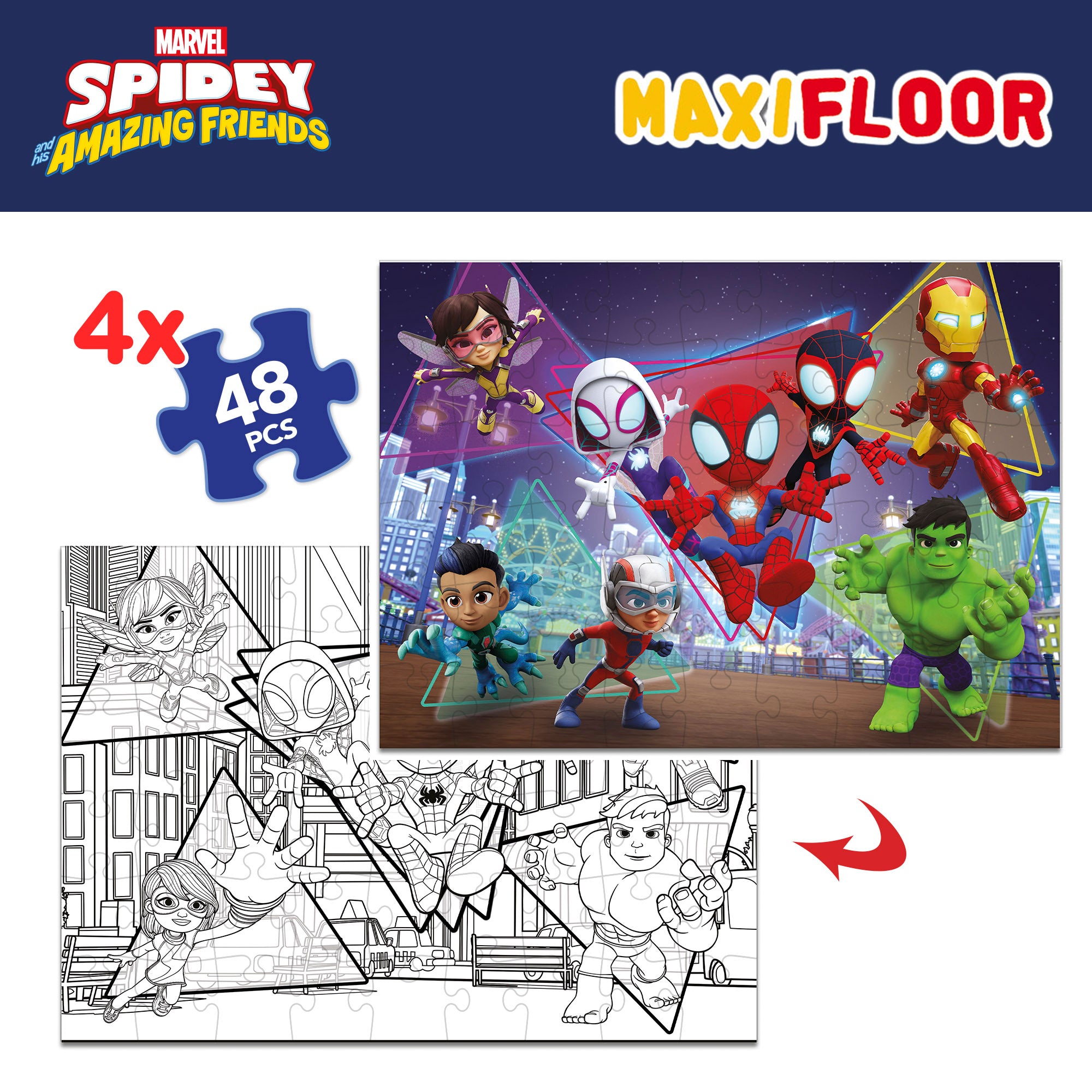 Homem-Aranha e a sua equipa - Pack de 4 puzzles para colorir de dupla face, 48 peças
