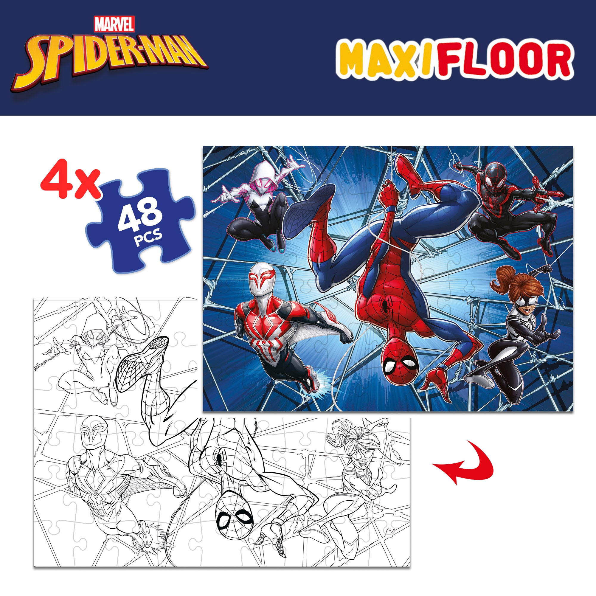 Conjunto de 4 puzzles para colorir do Homem-Aranha, frente e verso, 48 peças.
