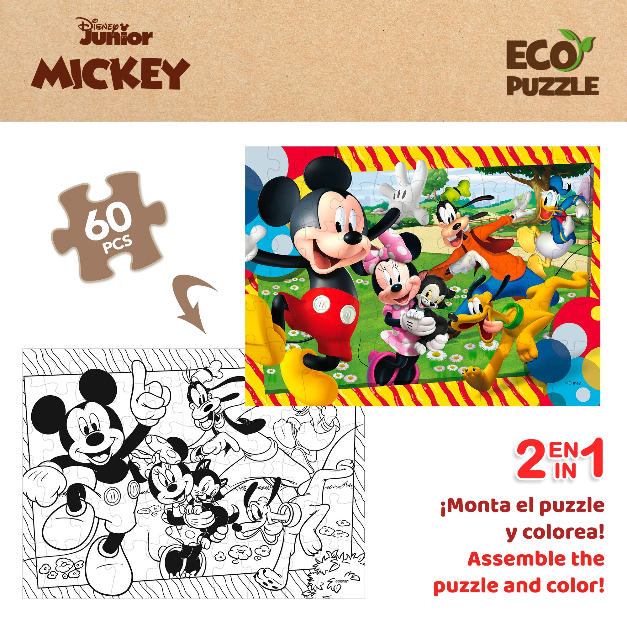 Puzzle ecológico de dupla face do Mickey Mouse da Disney para colorir, 60 peças grandes.